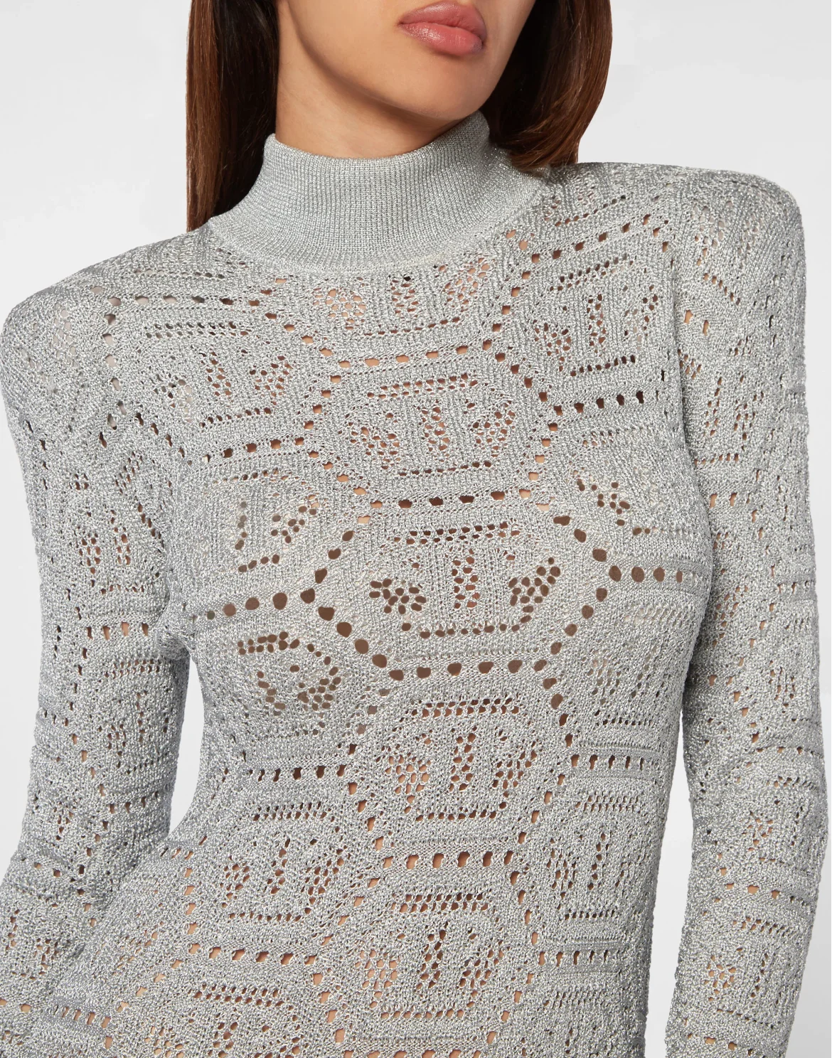 Lurex Padded Shoulder Mini Dress Hexagon, цвет: Серебристый