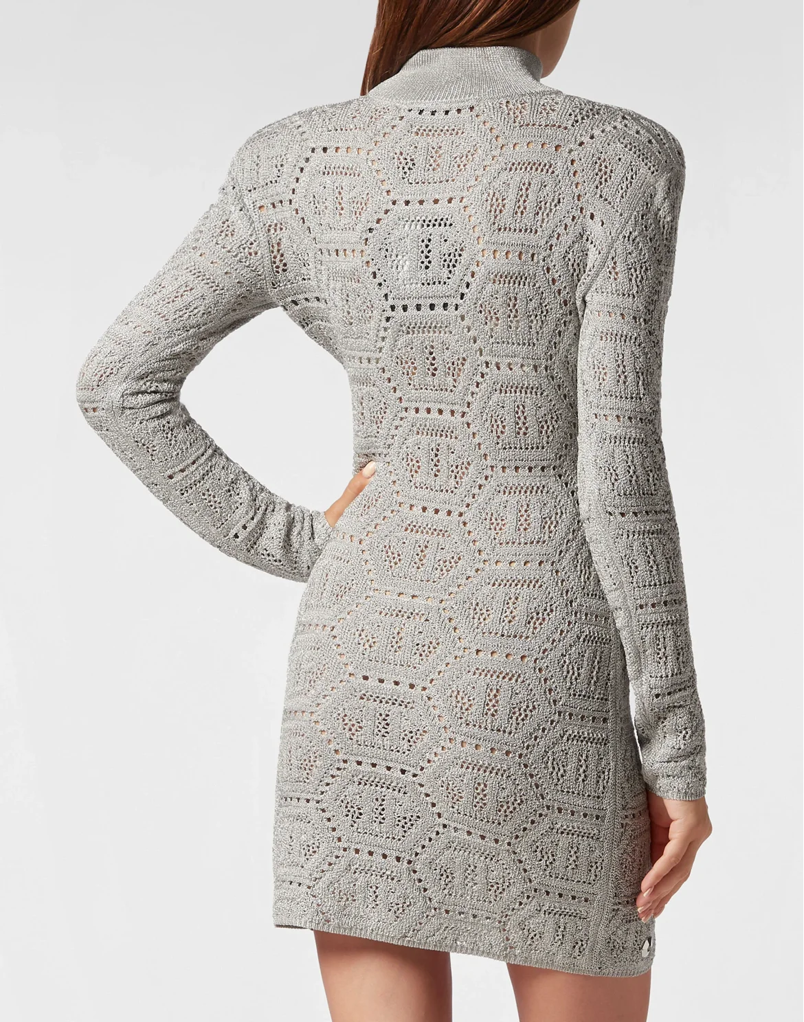 Lurex Padded Shoulder Mini Dress Hexagon, цвет: Серебристый