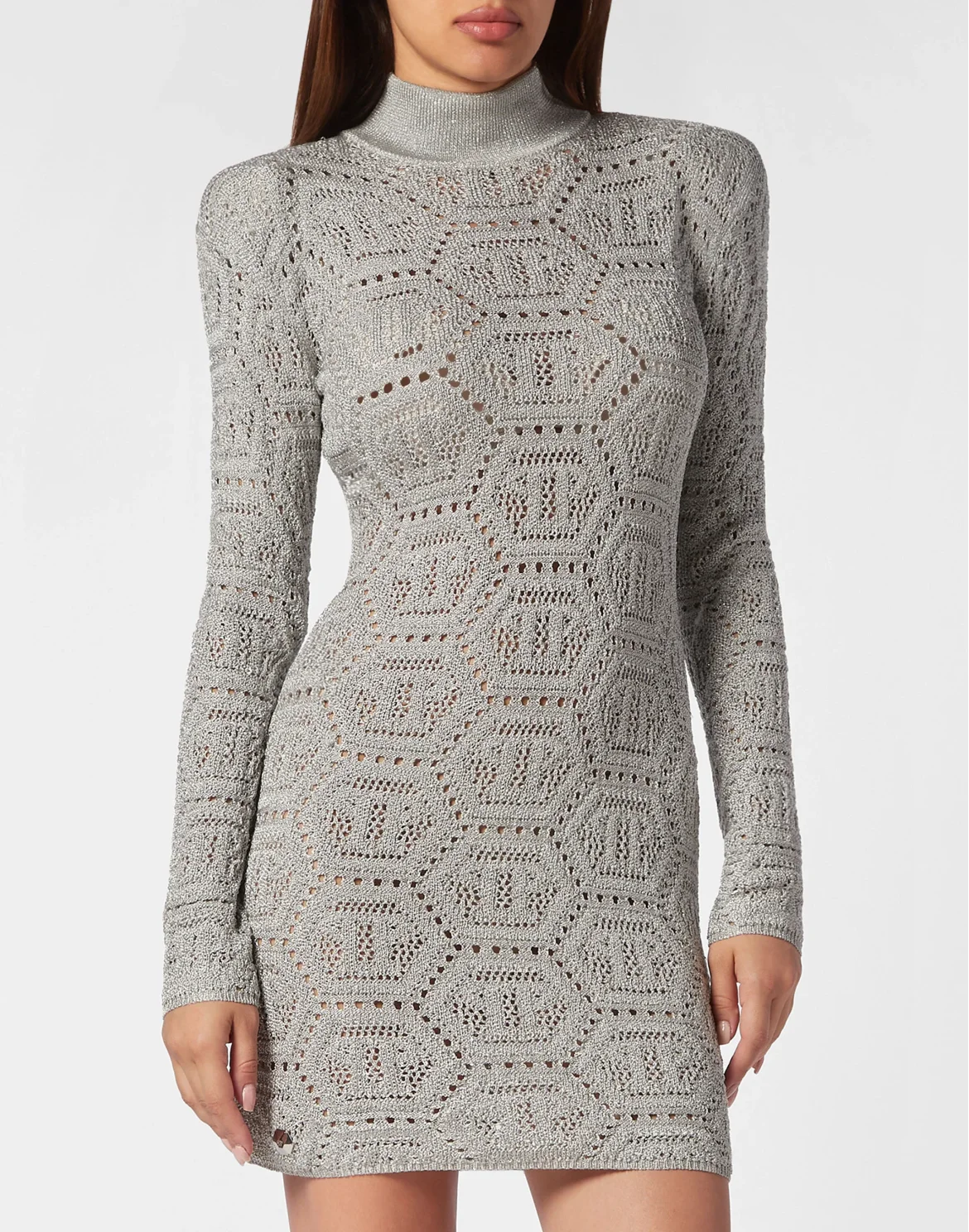 Lurex Padded Shoulder Mini Dress Hexagon, цвет: Серебристый
