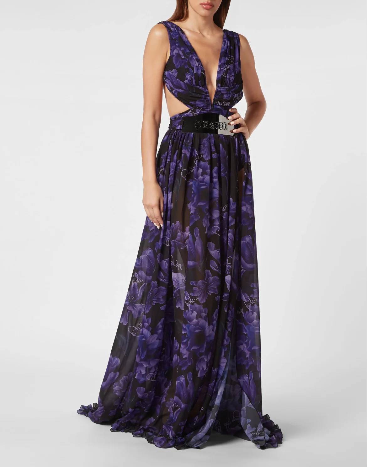 Chiffon Long Dress Flowers, цвет: Черный
