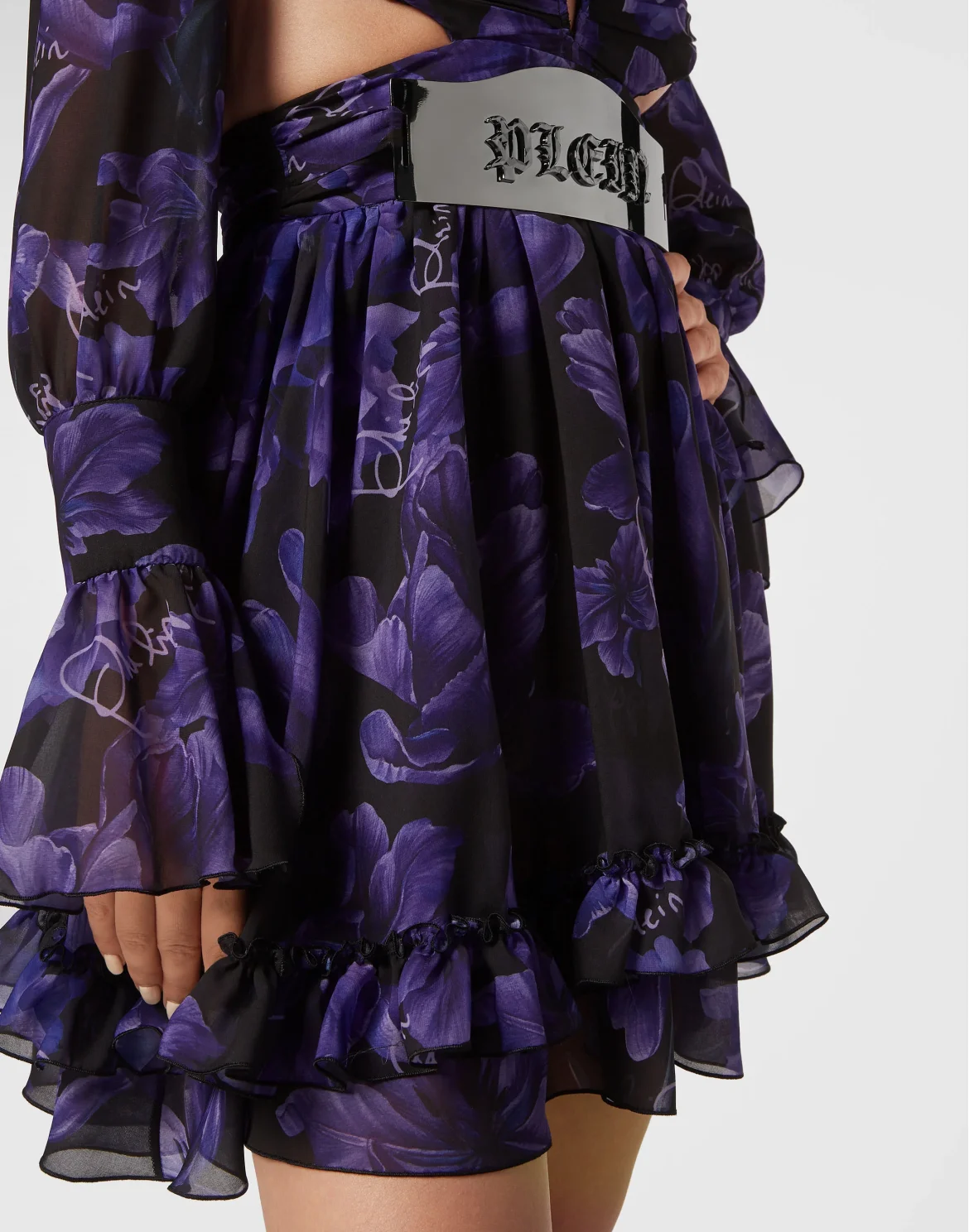 Chiffon Mini Dress Flowers, цвет: Черный