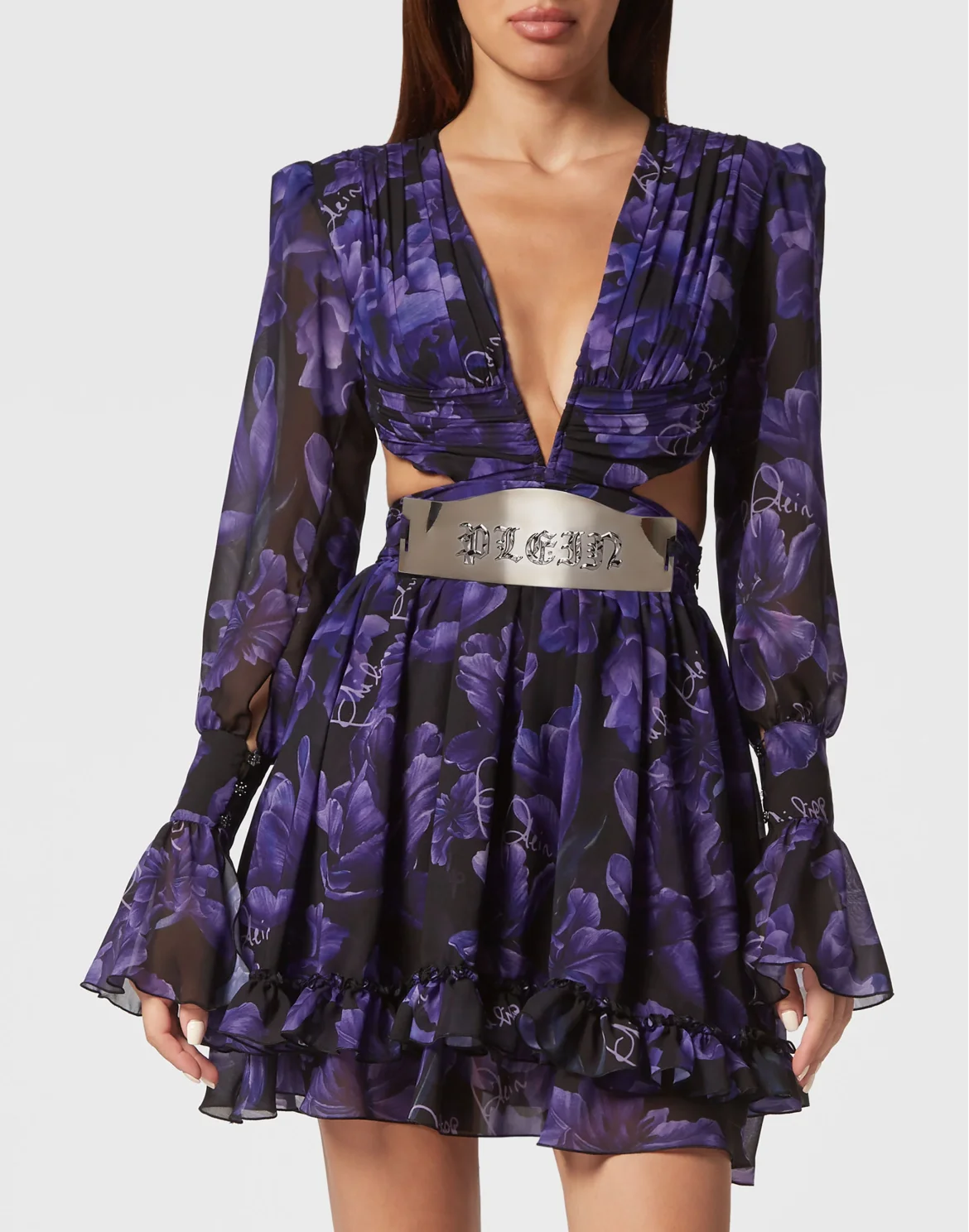Chiffon Mini Dress Flowers, цвет: Черный