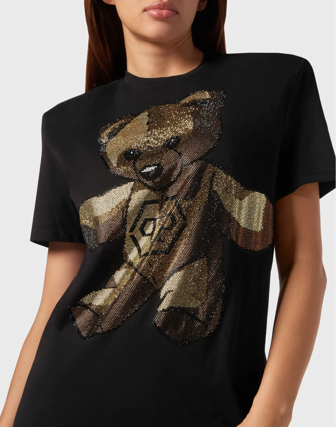 Padded Shoulder T-Shirt Dress with Crystals Teddy Bear, цвет: Черный
