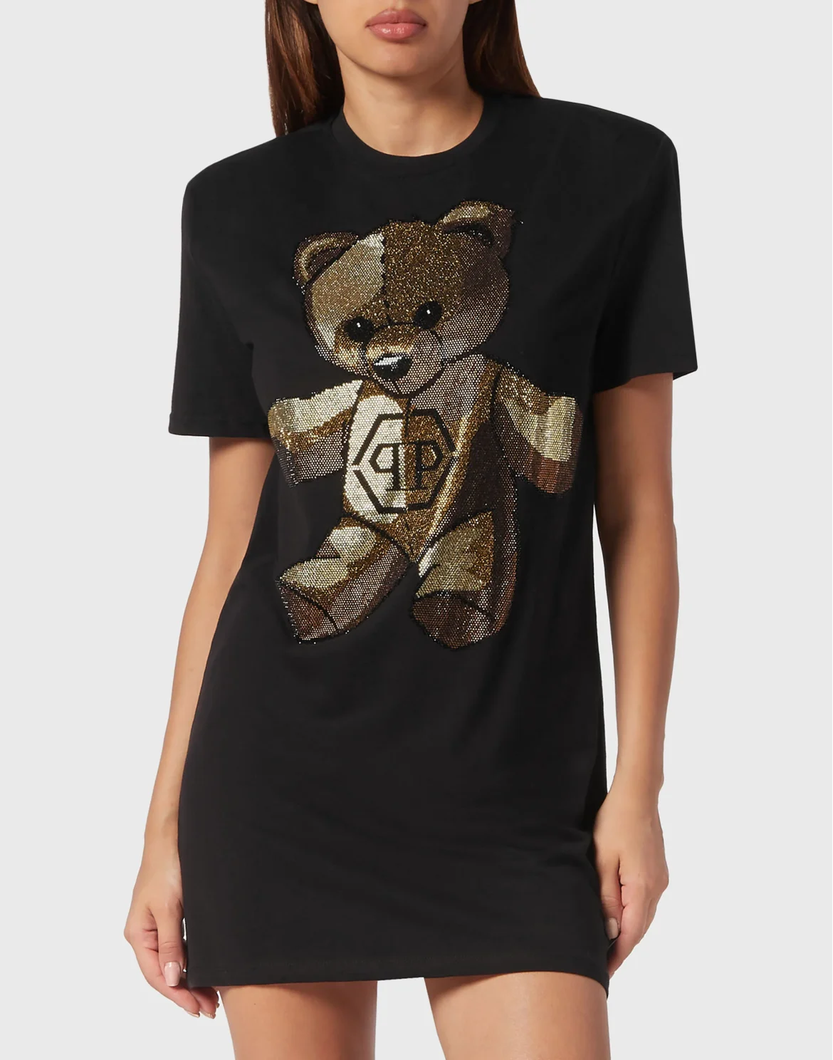 Padded Shoulder T-Shirt Dress with Crystals Teddy Bear, цвет: Черный