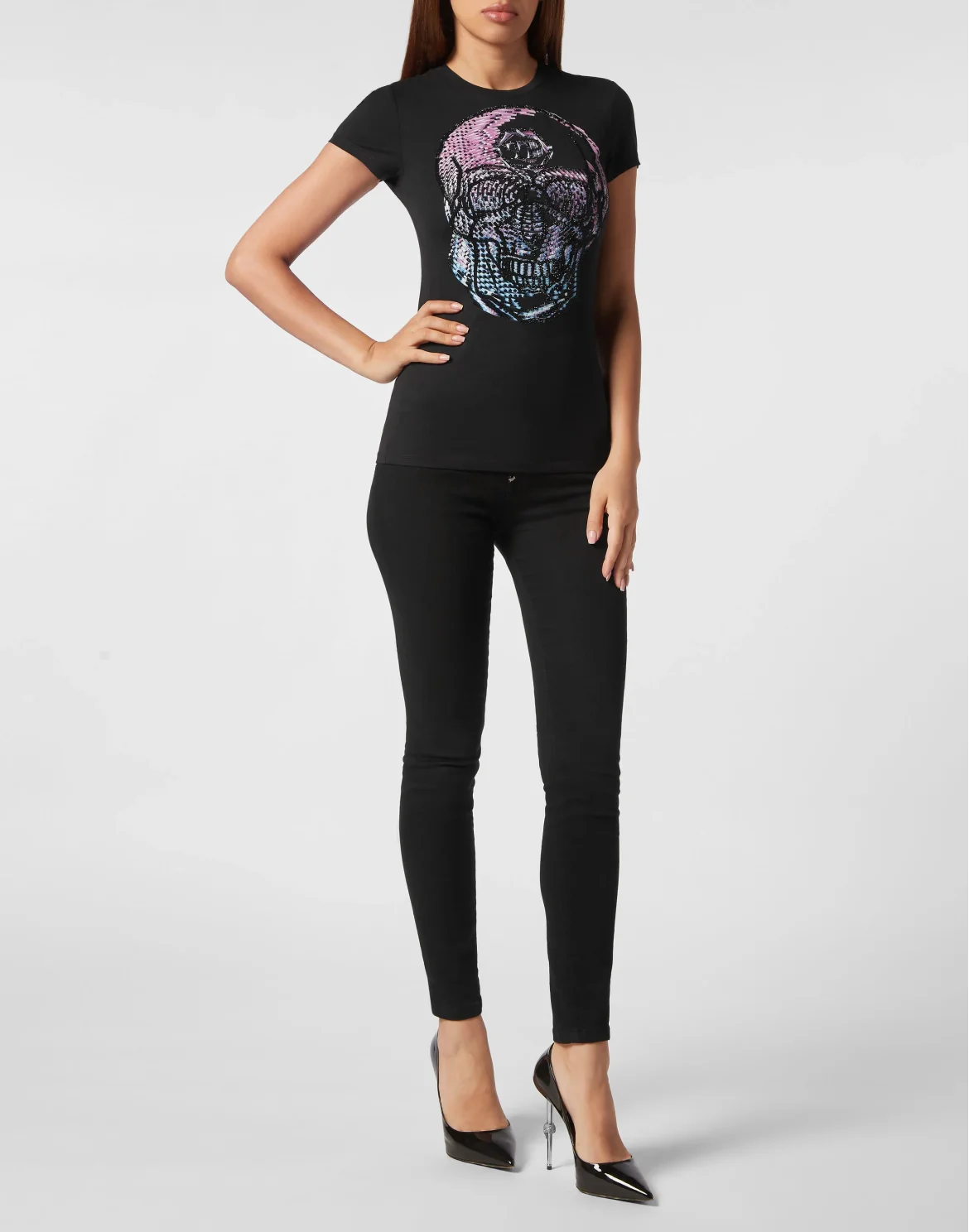 T-shirt Round Neck Sexy Pure Fit Skull, цвет: Черный