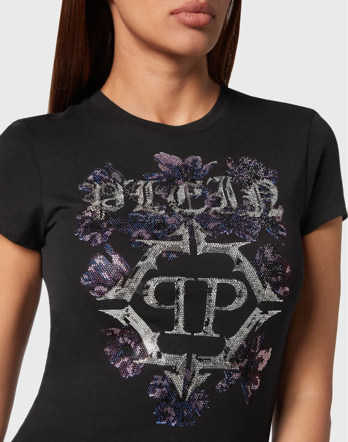 T-shirt Round Neck Sexy Pure Fit Flowers, цвет: Черный