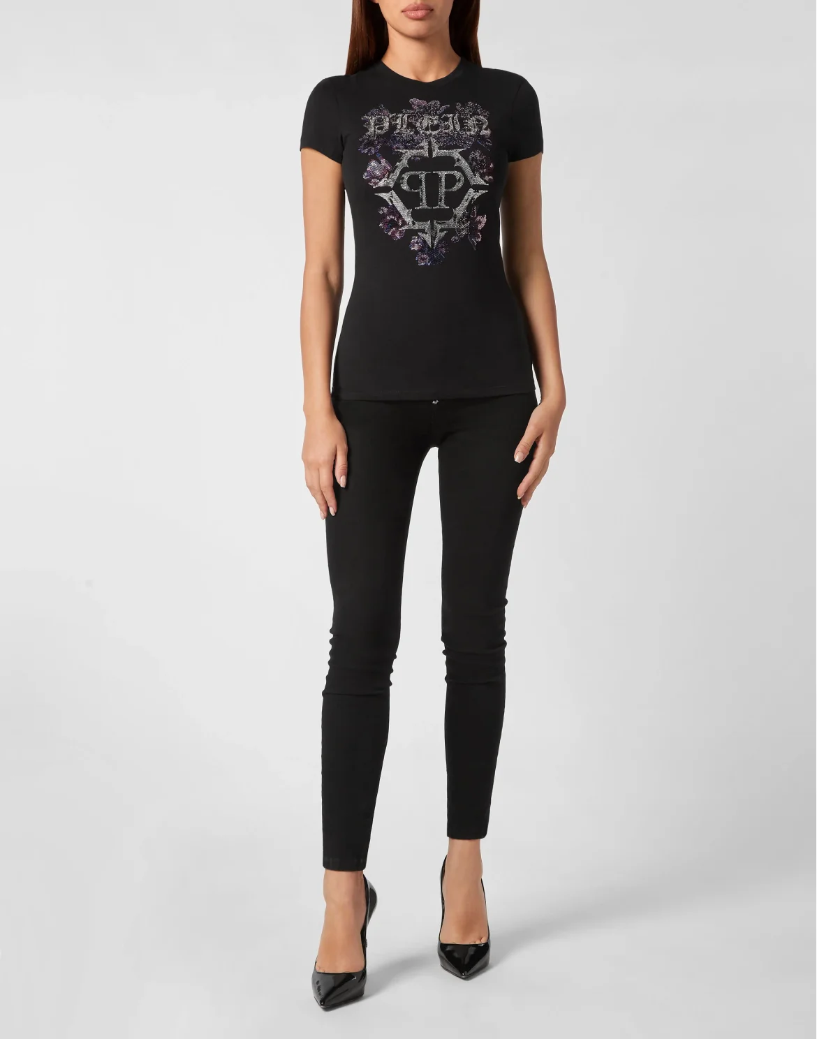 T-shirt Round Neck Sexy Pure Fit Flowers, цвет: Черный