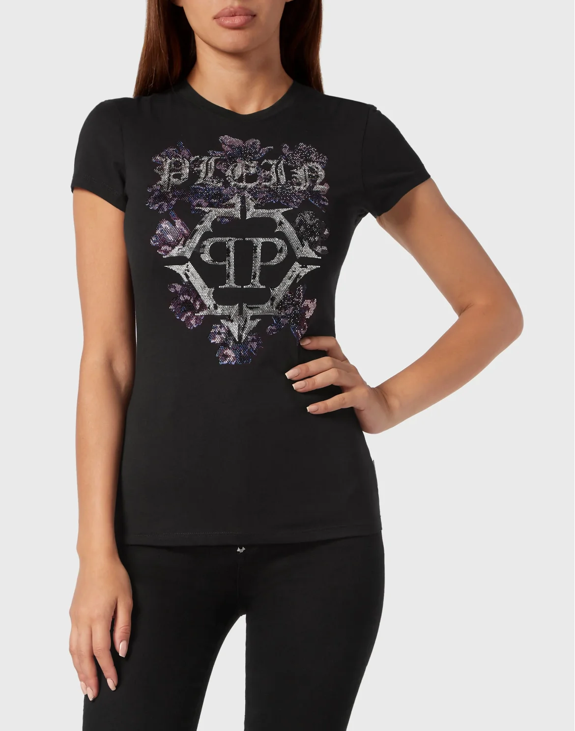 T-shirt Round Neck Sexy Pure Fit Flowers, цвет: Черный