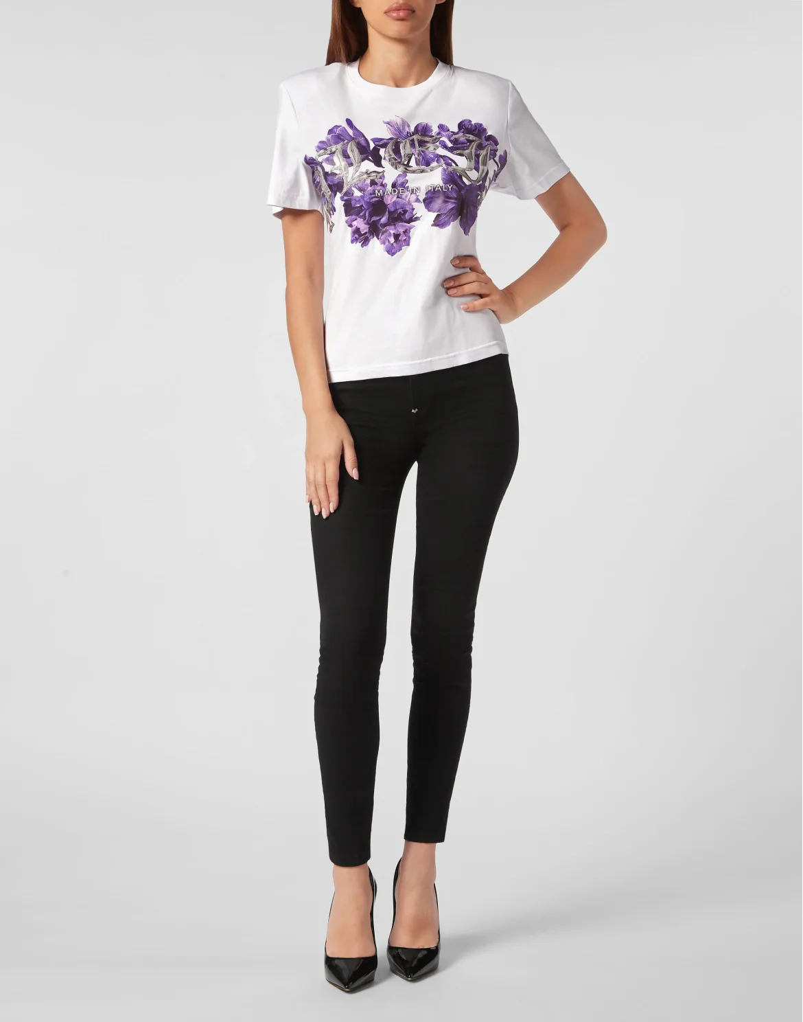 Padded Shoulder T-shirt Sexy Pure Fit Flowers, цвет: Белый