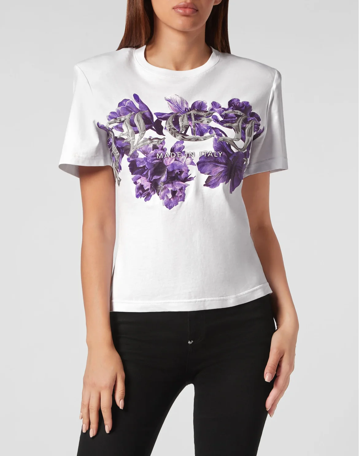 Padded Shoulder T-shirt Sexy Pure Fit Flowers, цвет: Белый