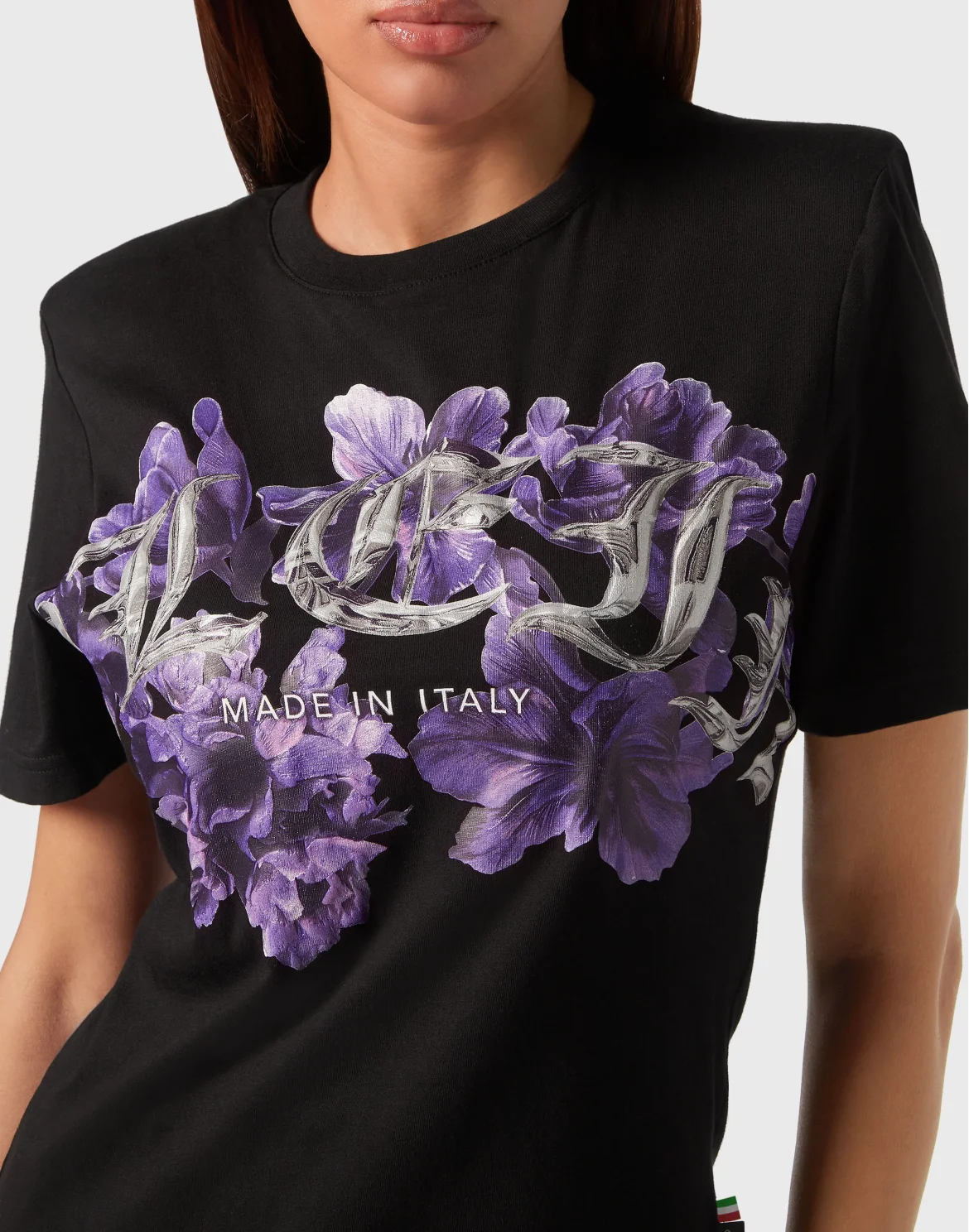 Padded Shoulder T-shirt Sexy Pure Fit Flowers, цвет: Черный