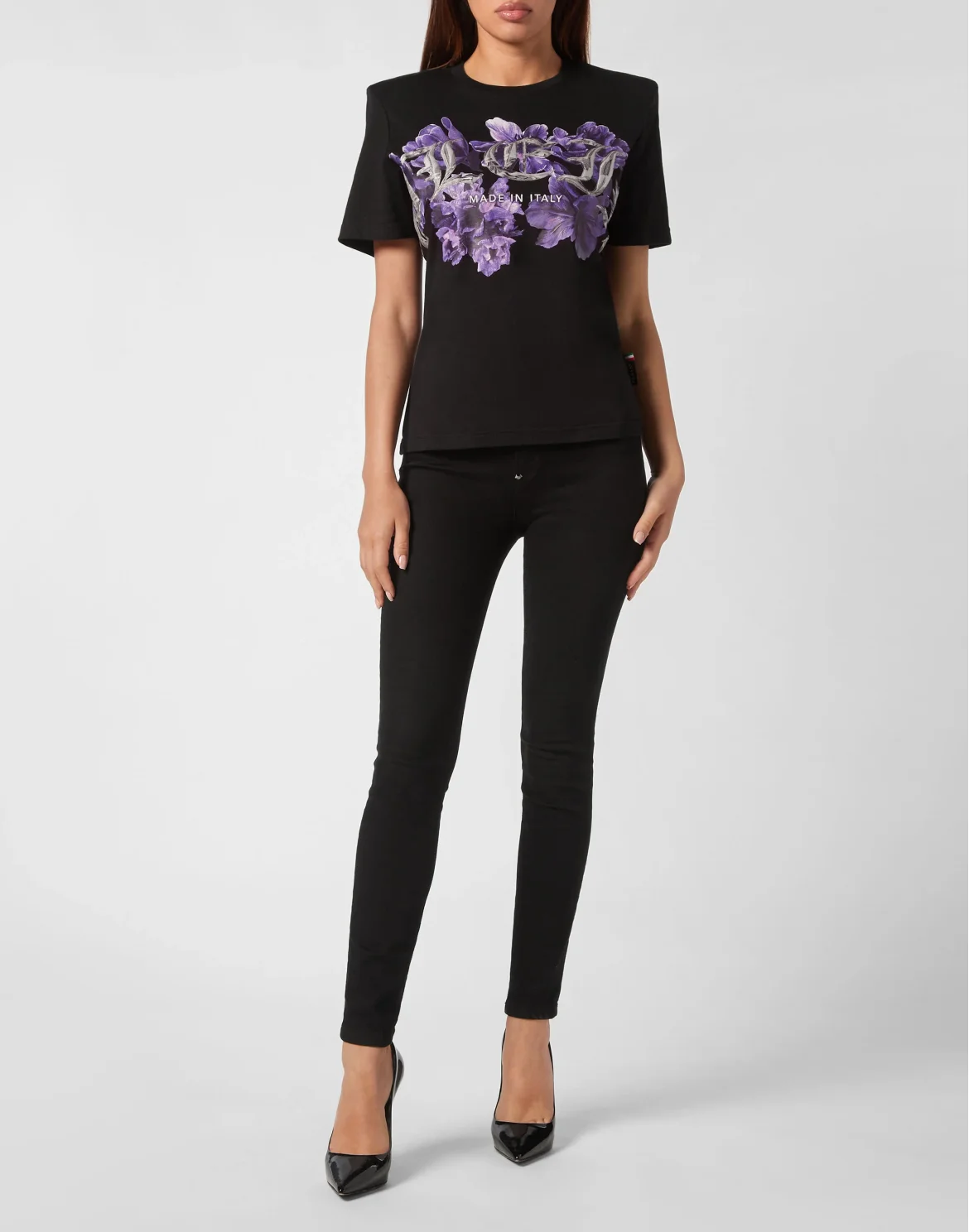Padded Shoulder T-shirt Sexy Pure Fit Flowers, цвет: Черный