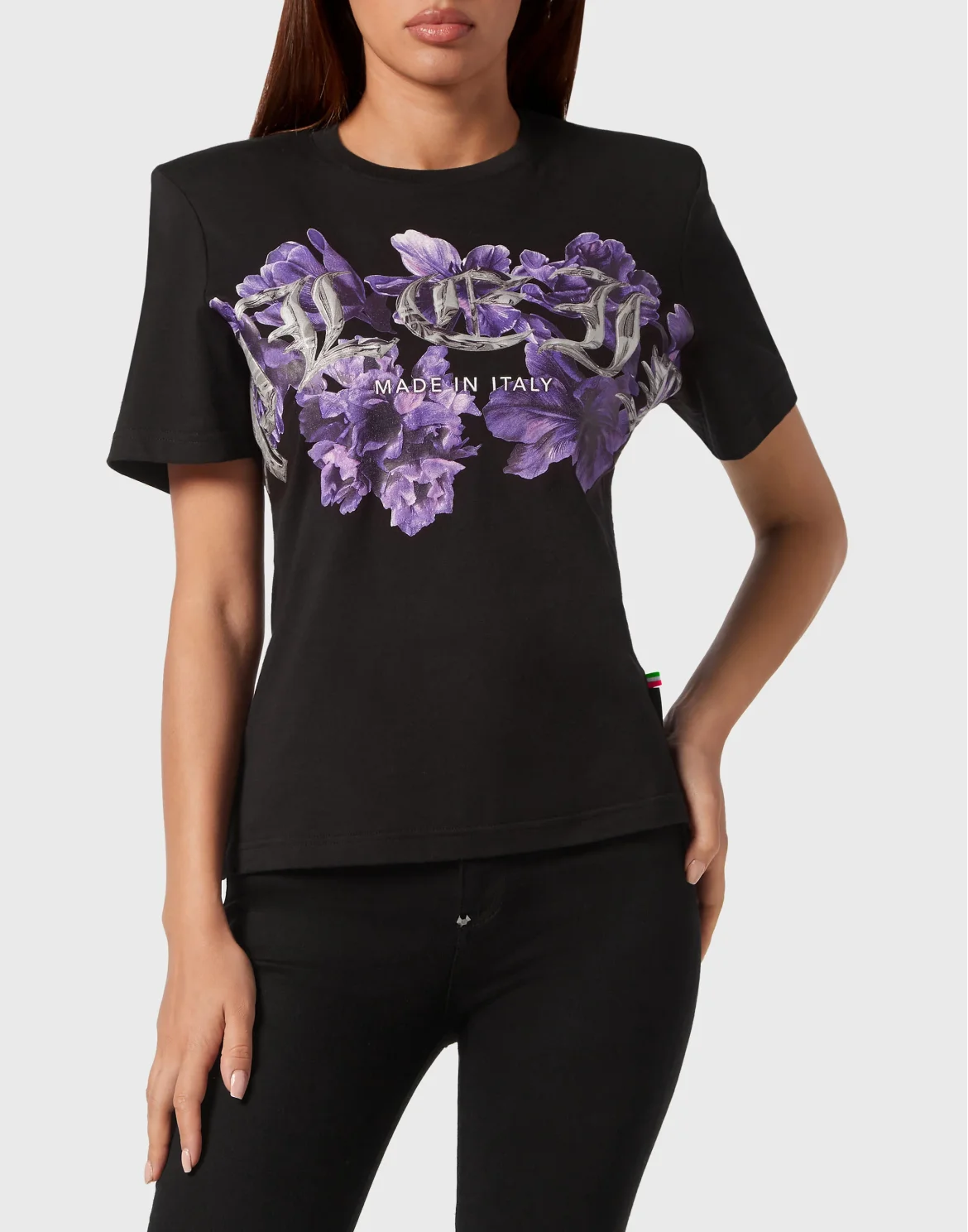 Padded Shoulder T-shirt Sexy Pure Fit Flowers, цвет: Черный