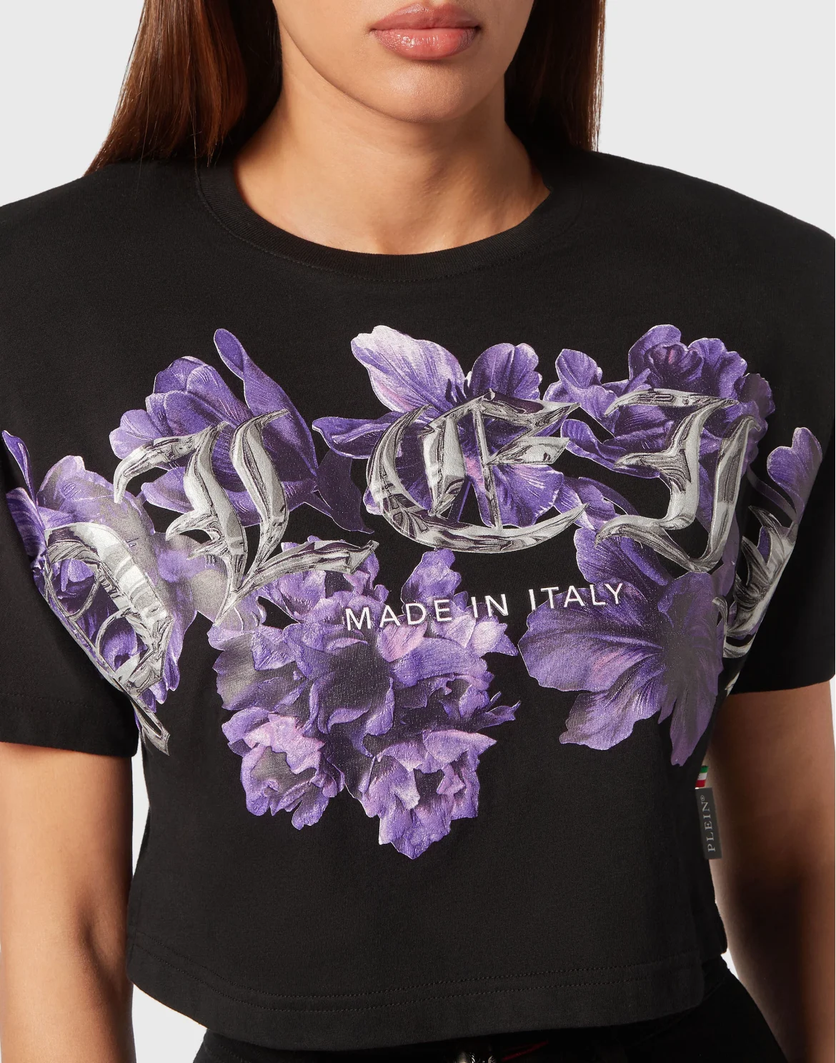 Padded Shoulder Cropped Top Flowers, цвет: Черный
