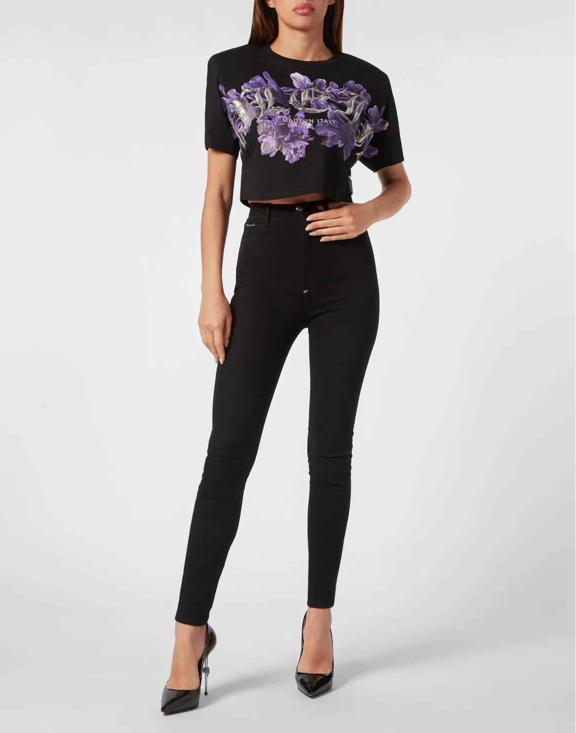 Padded Shoulder Cropped Top Flowers, цвет: Черный