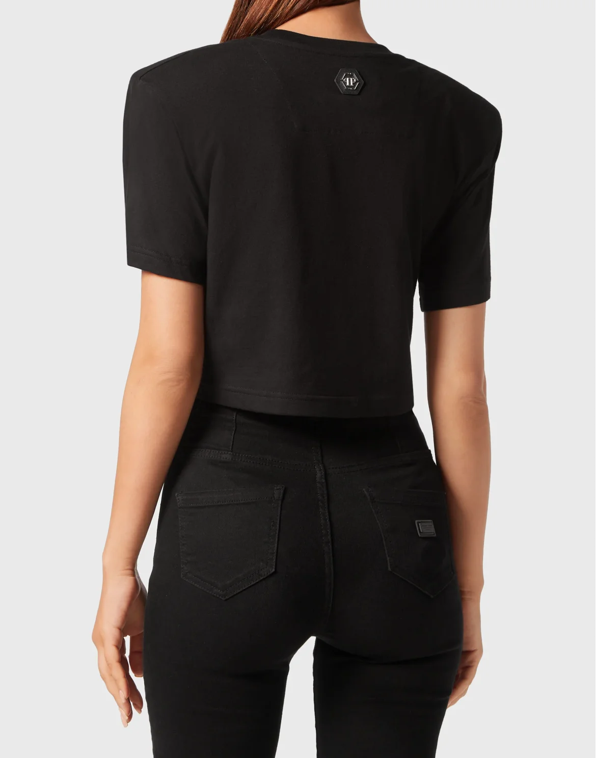Padded Shoulder Cropped Top Flowers, цвет: Черный