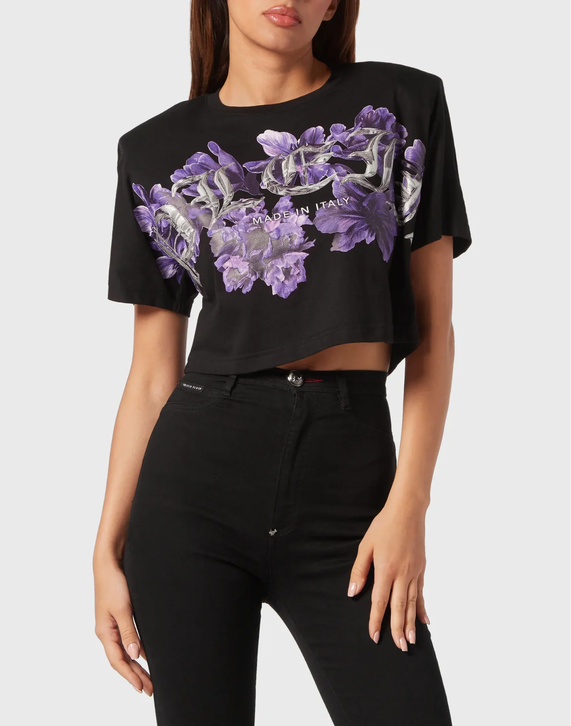 Padded Shoulder Cropped Top Flowers, цвет: Черный