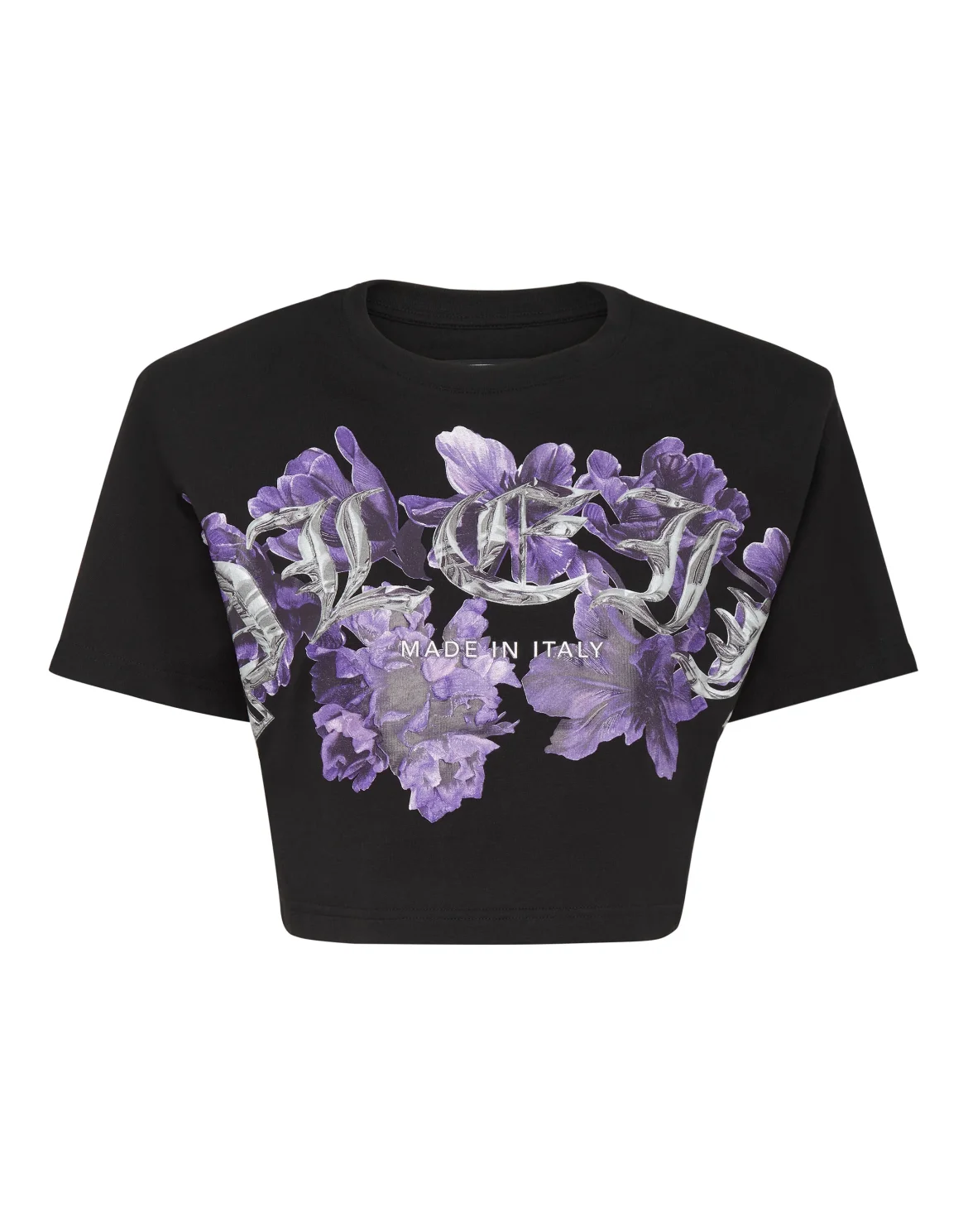 Padded Shoulder Cropped Top Flowers, цвет: Черный