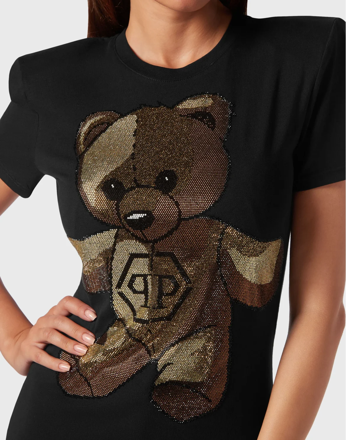 Padded Shoulder Sleeveless T-Shirt Sexy Pure Fit with Crystals Teddy Bear, цвет: Черный