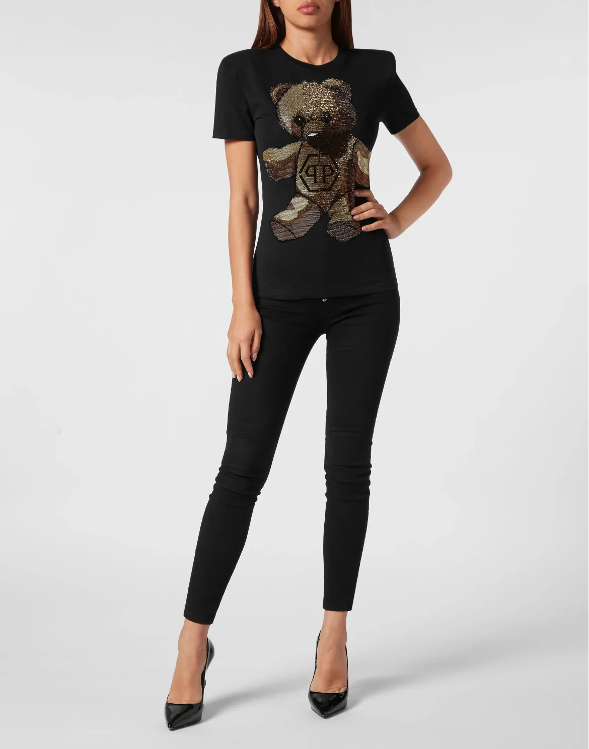 Padded Shoulder Sleeveless T-Shirt Sexy Pure Fit with Crystals Teddy Bear, цвет: Черный