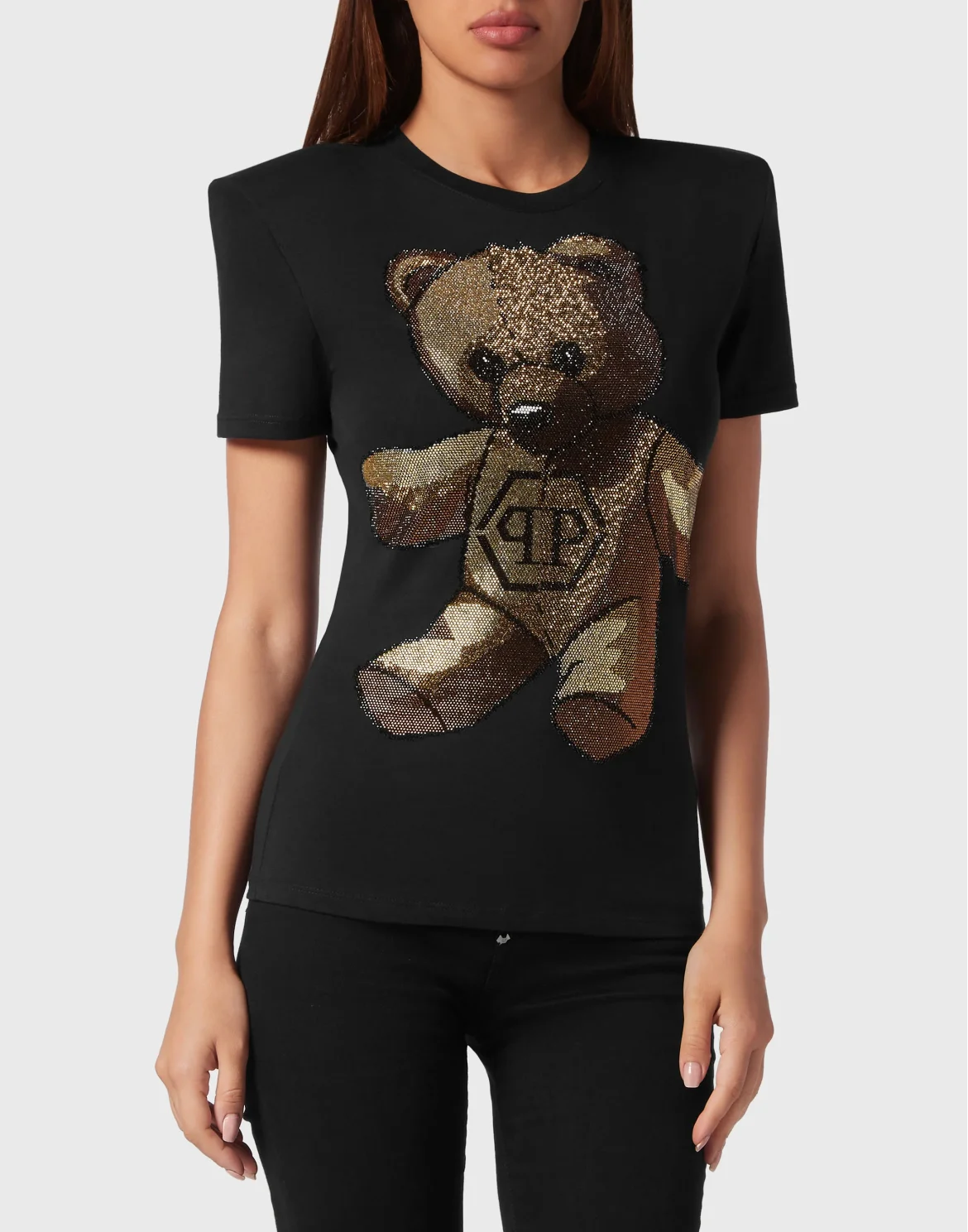 Padded Shoulder Sleeveless T-Shirt Sexy Pure Fit with Crystals Teddy Bear, цвет: Черный