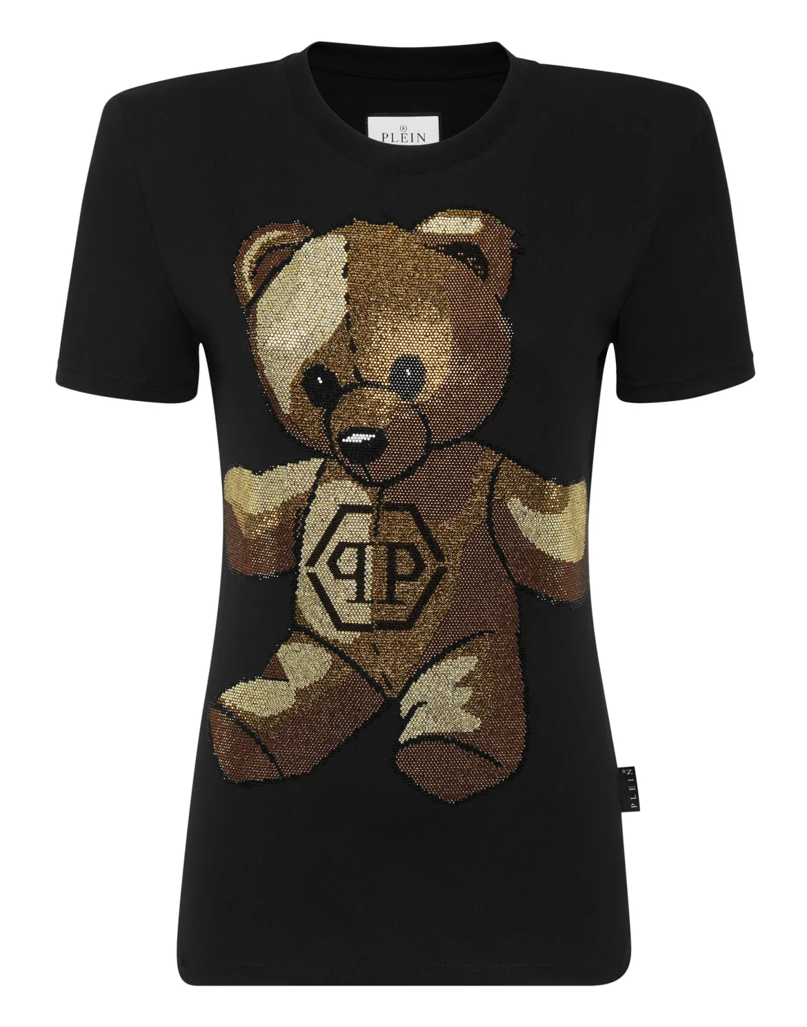 Padded Shoulder Sleeveless T-Shirt Sexy Pure Fit with Crystals Teddy Bear, цвет: Черный