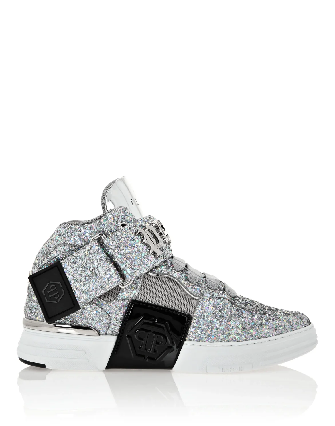 Patent Leather Mid-Top Sneakers with Glitter Gothic Plein, цвет: Серебристый