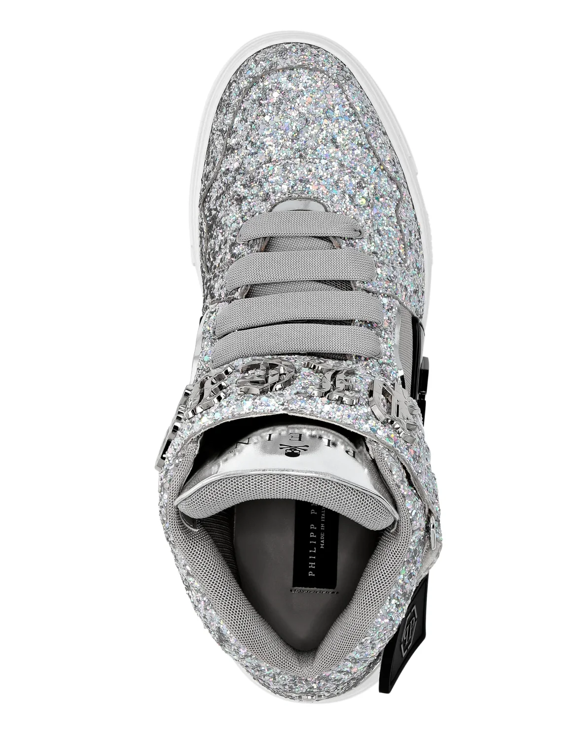 Patent Leather Mid-Top Sneakers with Glitter Gothic Plein, цвет: Серебристый