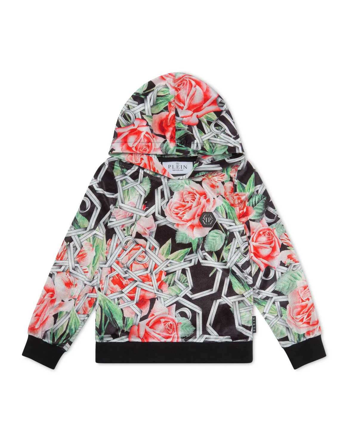 Chenille Hoodie Sweatshirt Roses, цвет: Черный