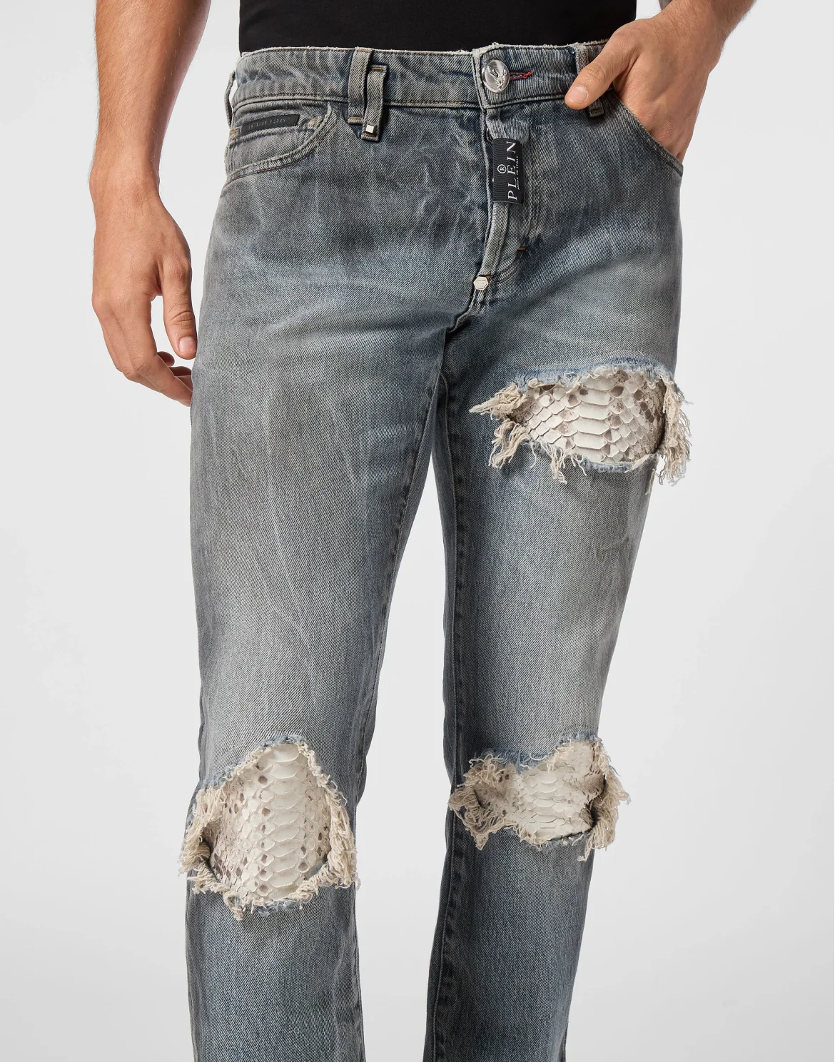 Super Straight Cut Trousers With Python Inserts, цвет: Серый