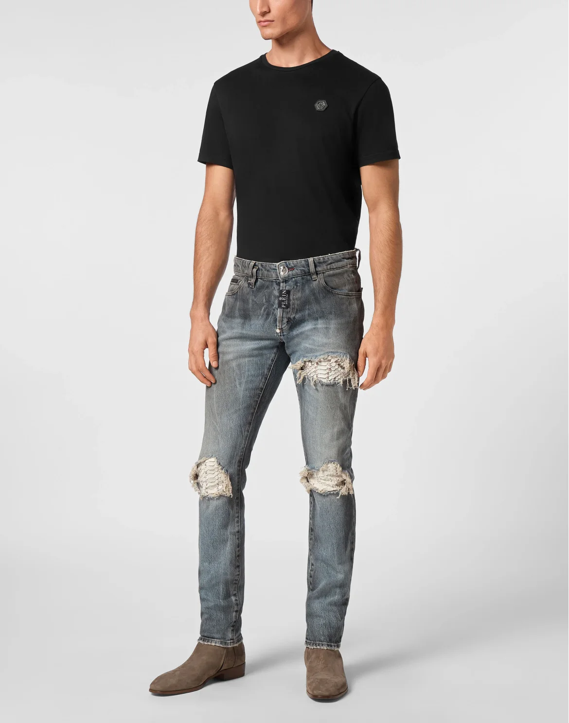 Super Straight Cut Trousers With Python Inserts, цвет: Серый