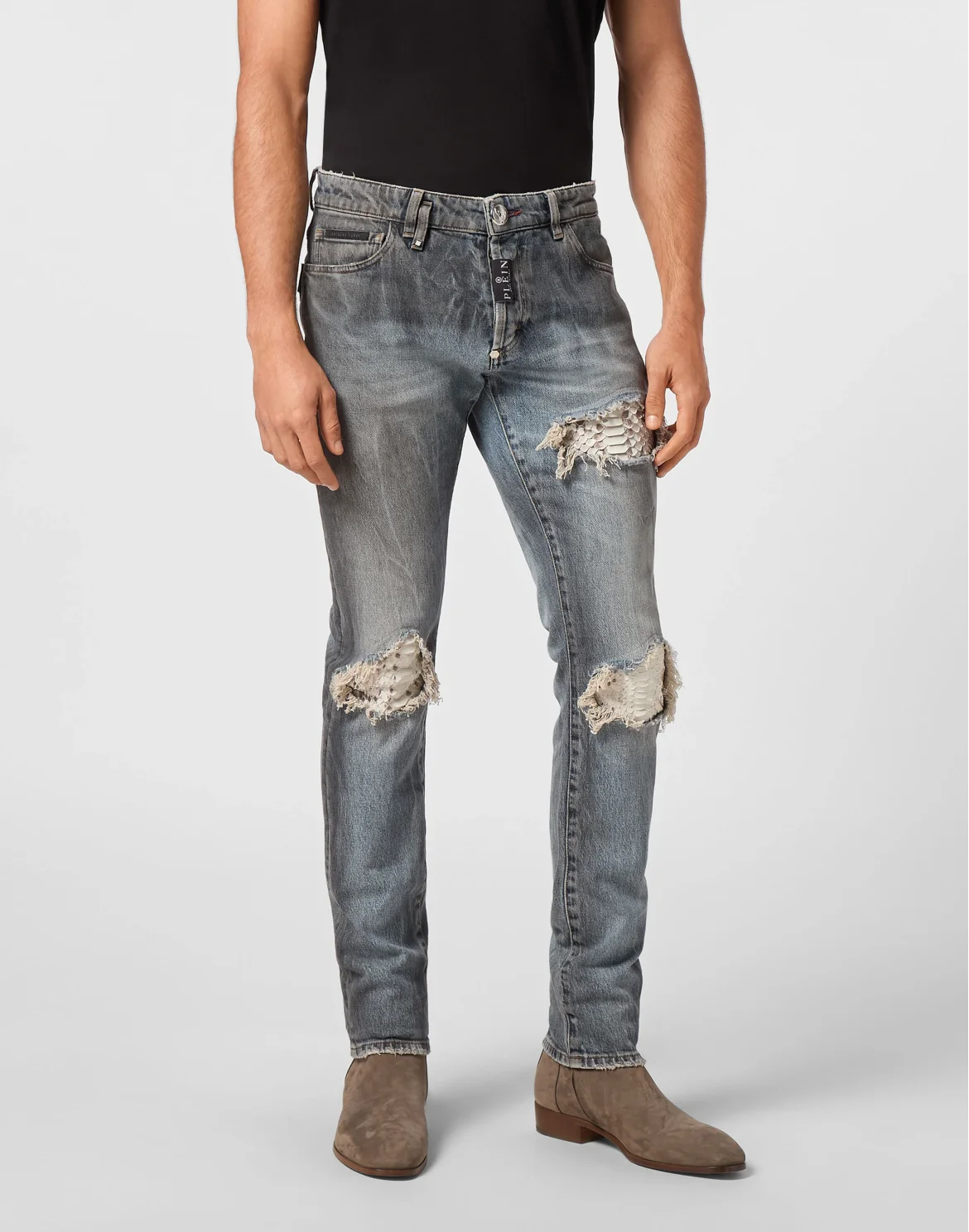 Super Straight Cut Trousers With Python Inserts, цвет: Серый