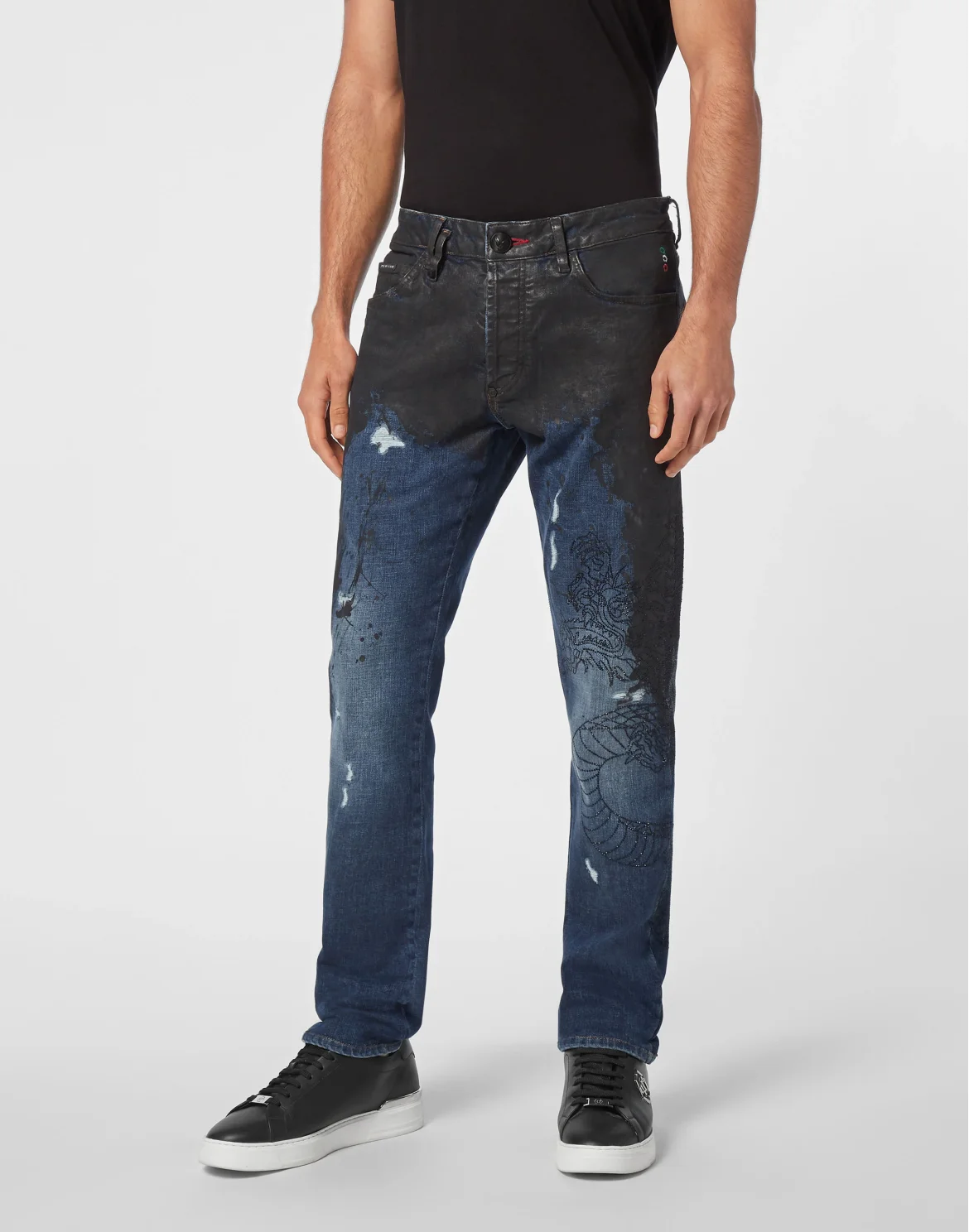 Denim Trousers Super Straight Cut Dragon Strass, цвет: Черный