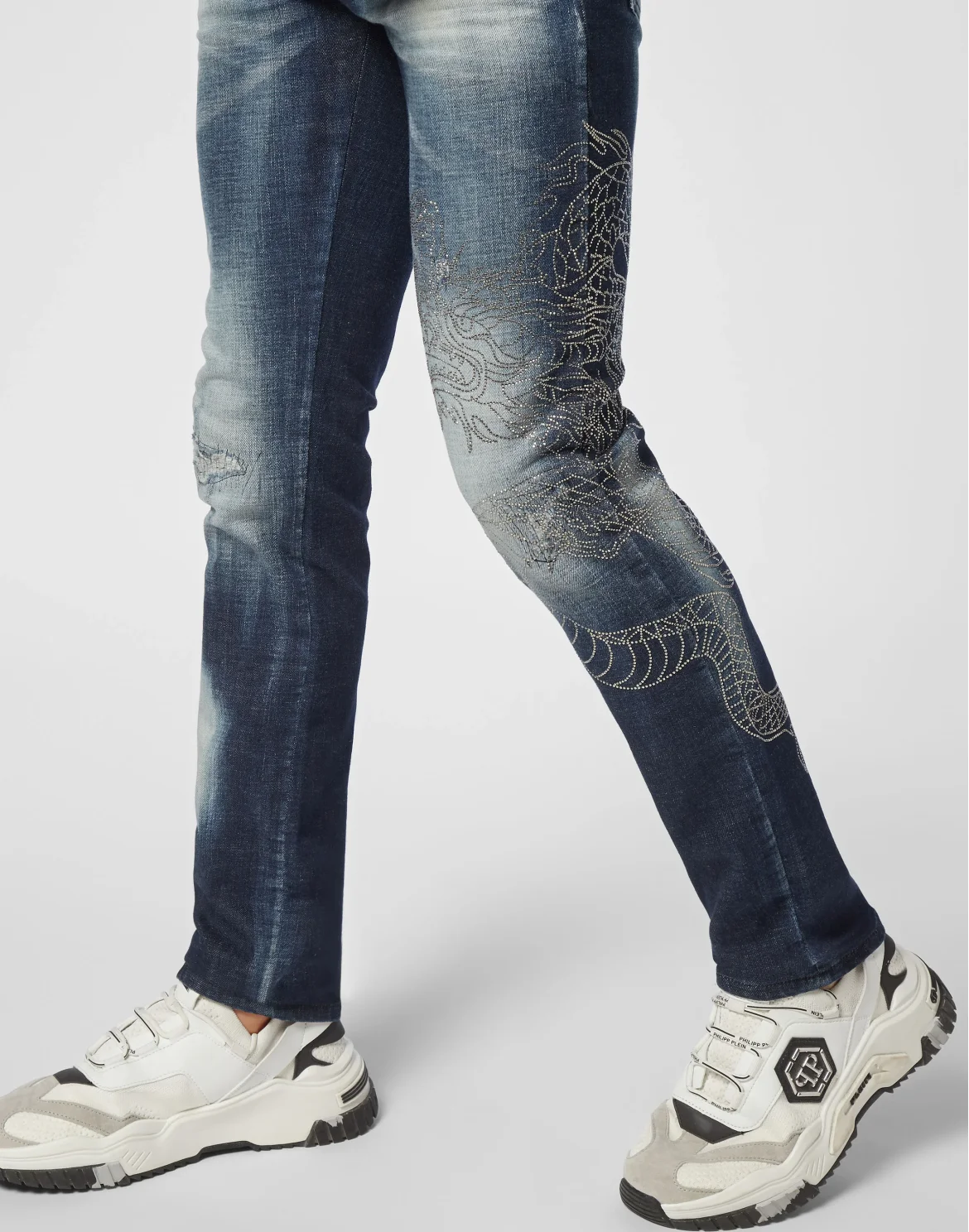 Denim Trousers Super Straight Cut Dragon Strass, цвет: Серый