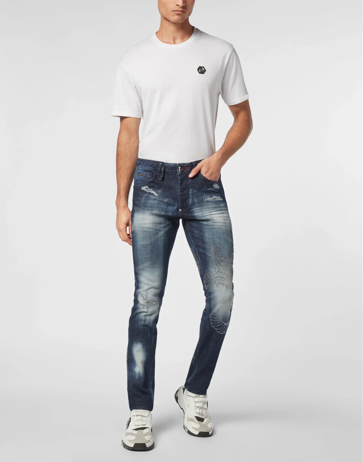 Denim Trousers Super Straight Cut Dragon Strass, цвет: Серый