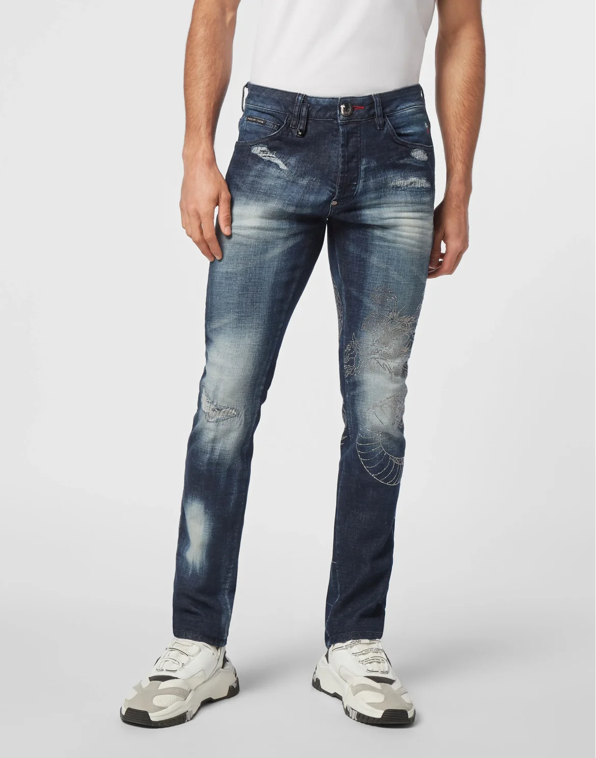 Denim Trousers Super Straight Cut Dragon Strass, цвет: Серый
