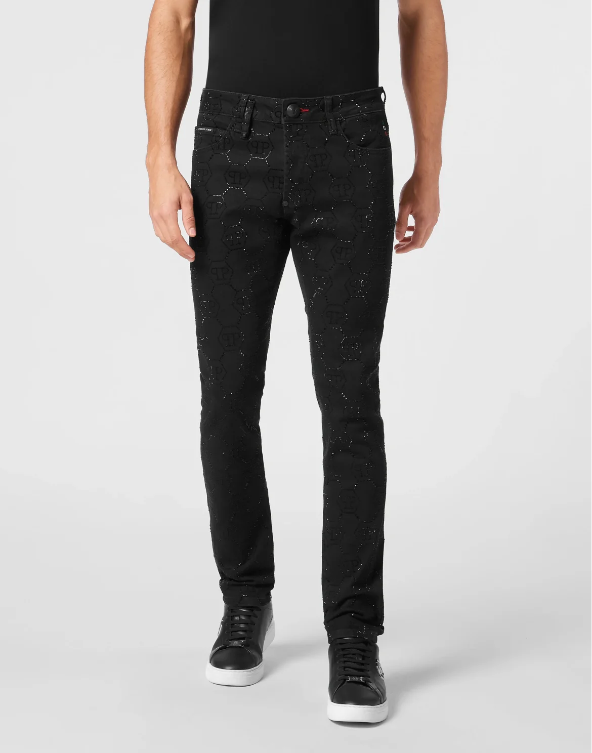 Strass Denim Super Straight Cut Trousers Monogram, цвет: Черный