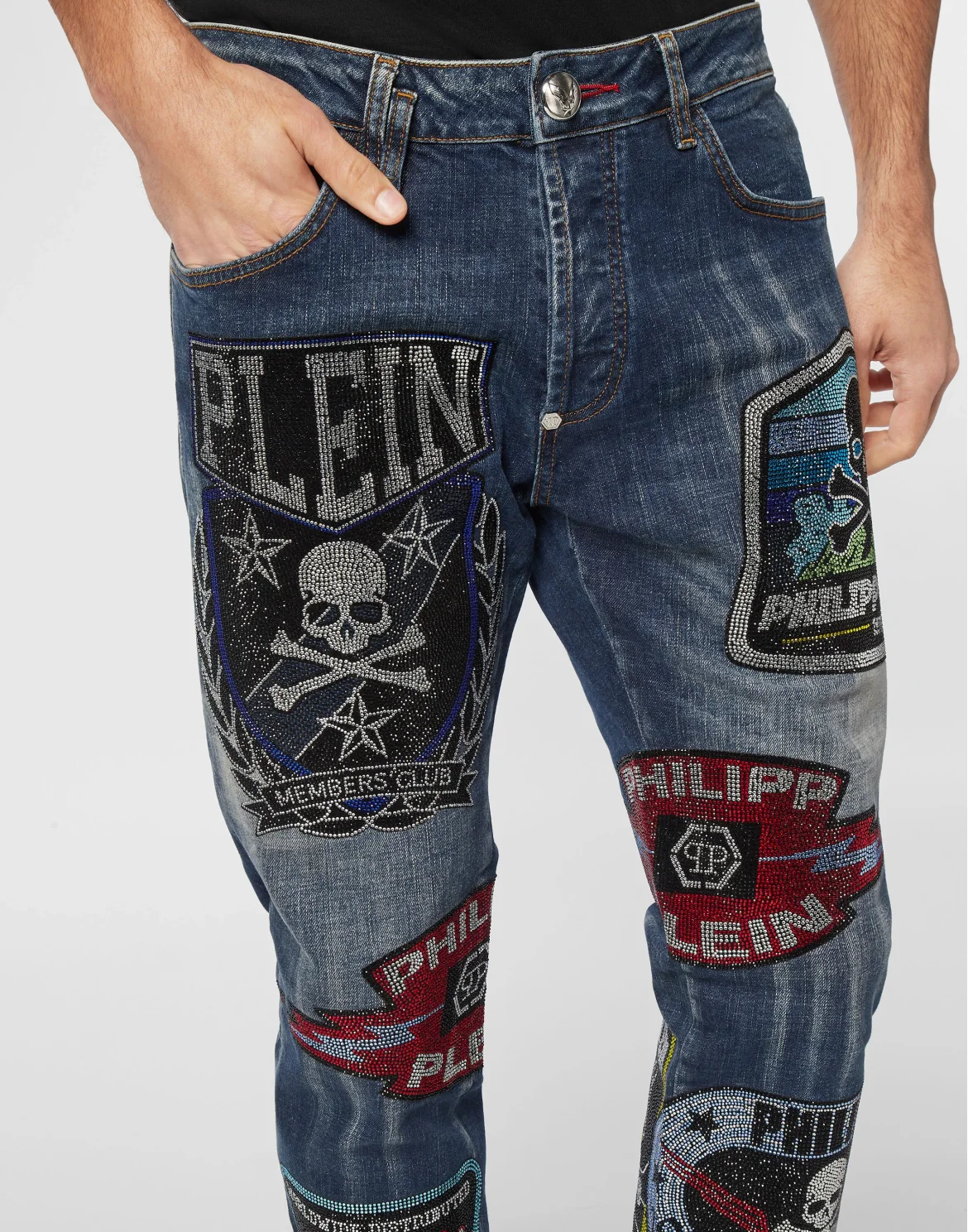 Denim Super Straight Cut Trousers With Patches Strass, цвет: Синий