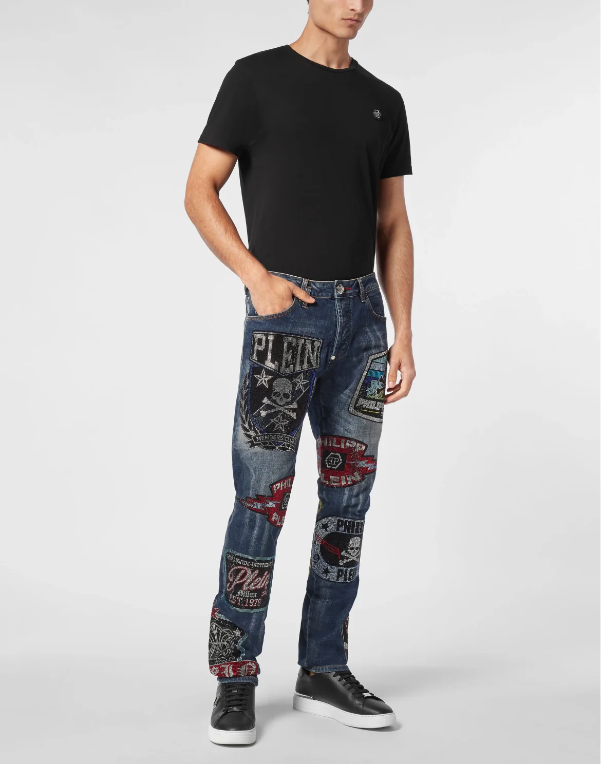 Denim Super Straight Cut Trousers With Patches Strass, цвет: Синий