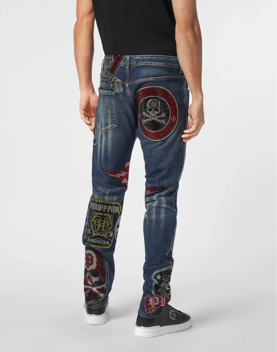 Denim Super Straight Cut Trousers With Patches Strass, цвет: Синий