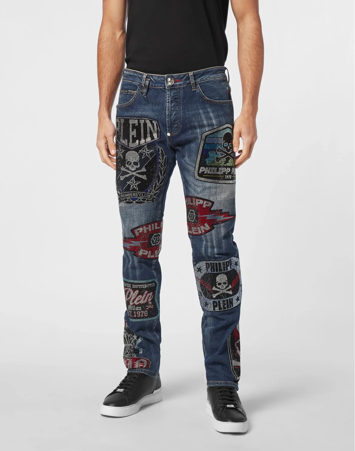 Denim Super Straight Cut Trousers With Patches Strass, цвет: Синий