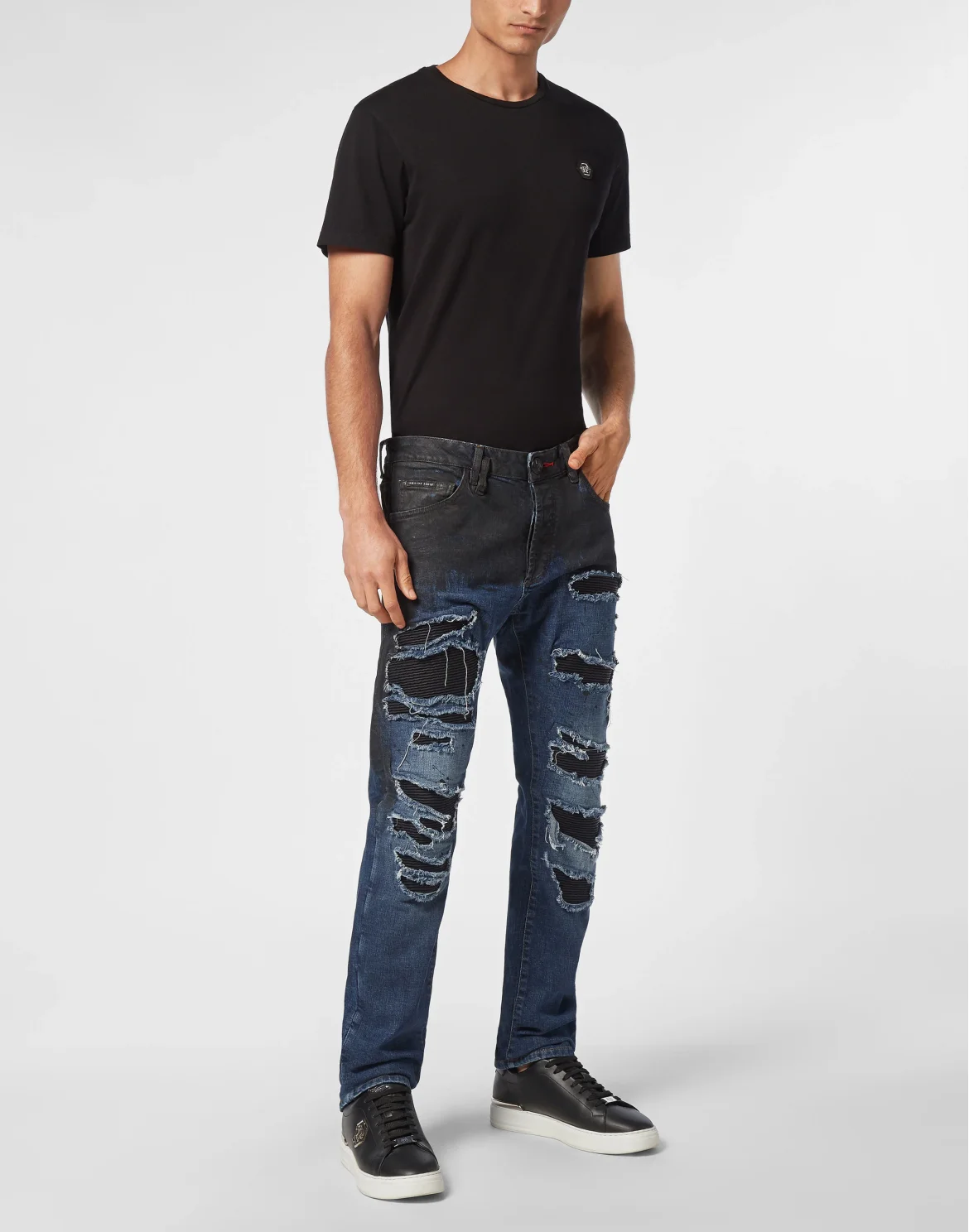 Denim Super Straight Cut Trousers Leather Pocket, цвет: Черный