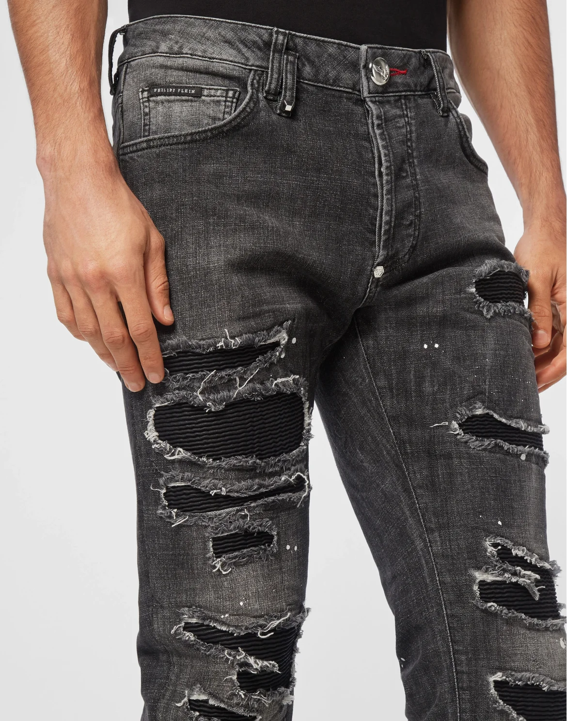 Denim Super Straight Cut Trousers Leather Pocket, цвет: Серый