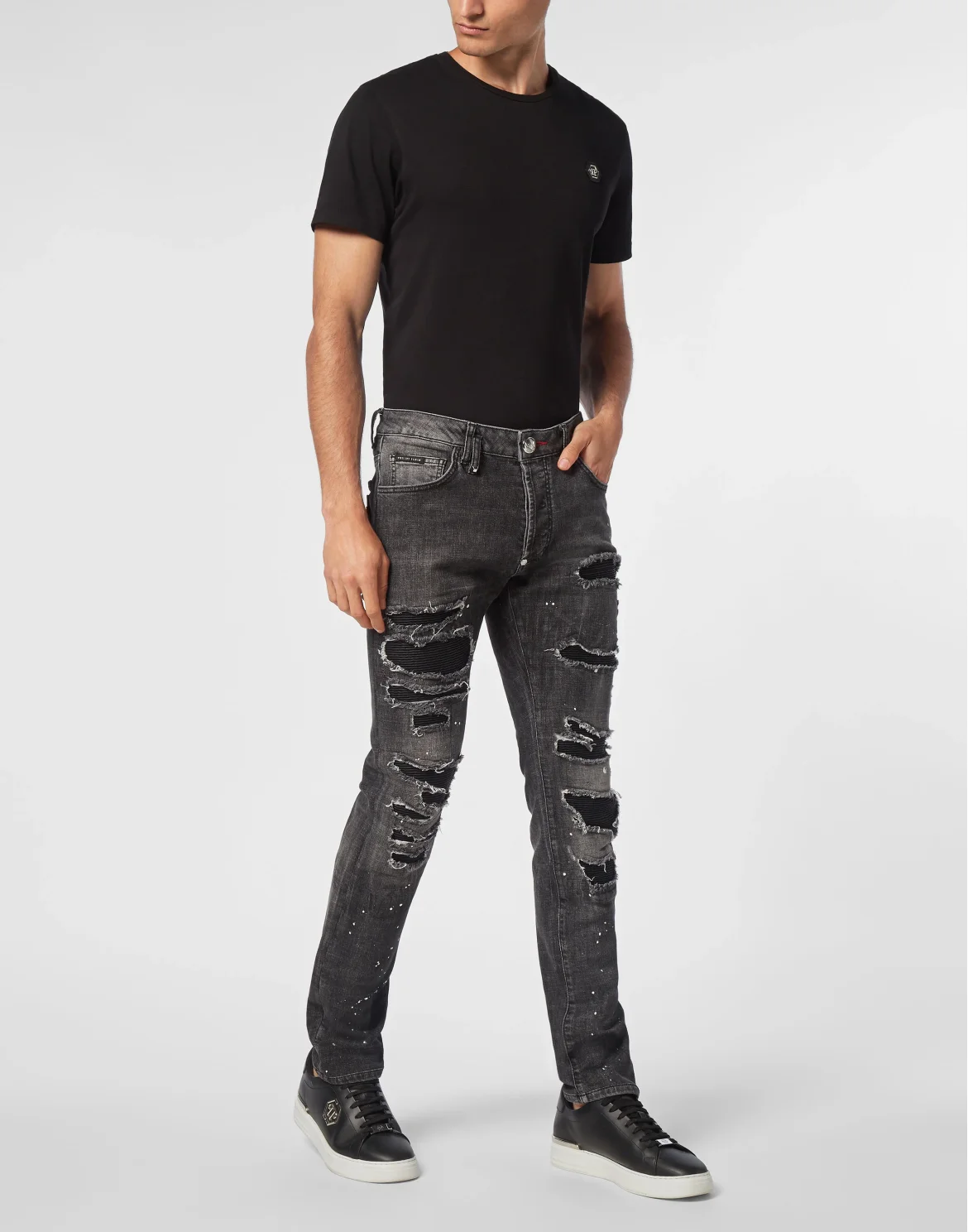 Denim Super Straight Cut Trousers Leather Pocket, цвет: Серый