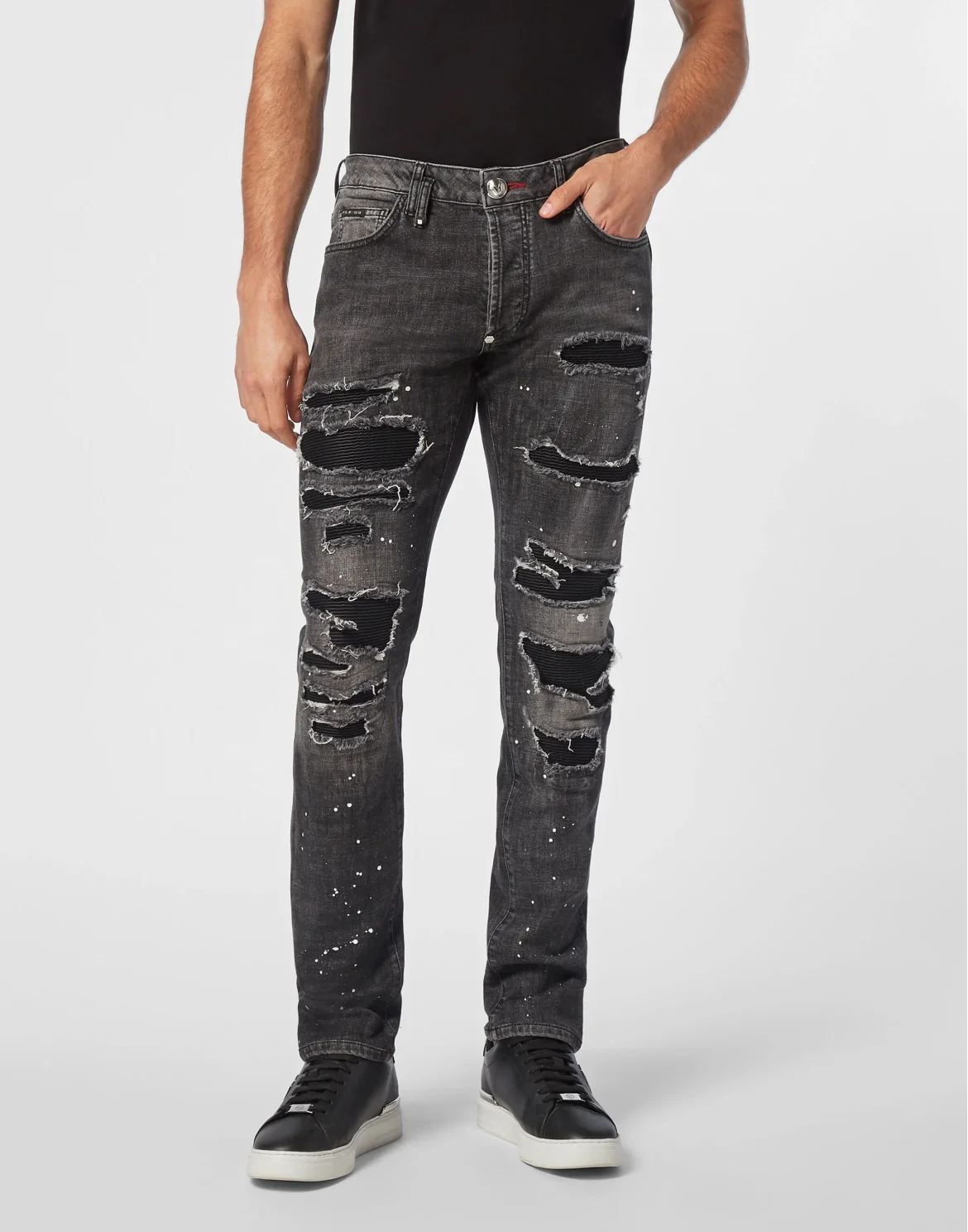 Denim Super Straight Cut Trousers Leather Pocket, цвет: Серый