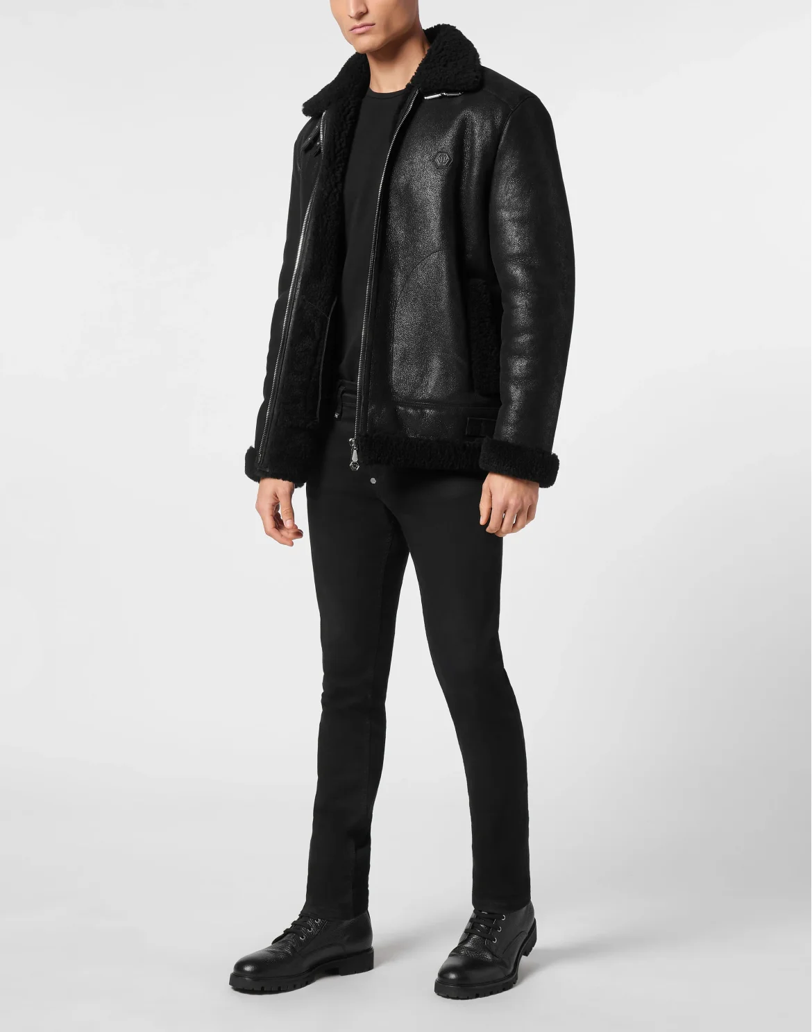 Shearling Leather Biker Jacket, цвет: Черный