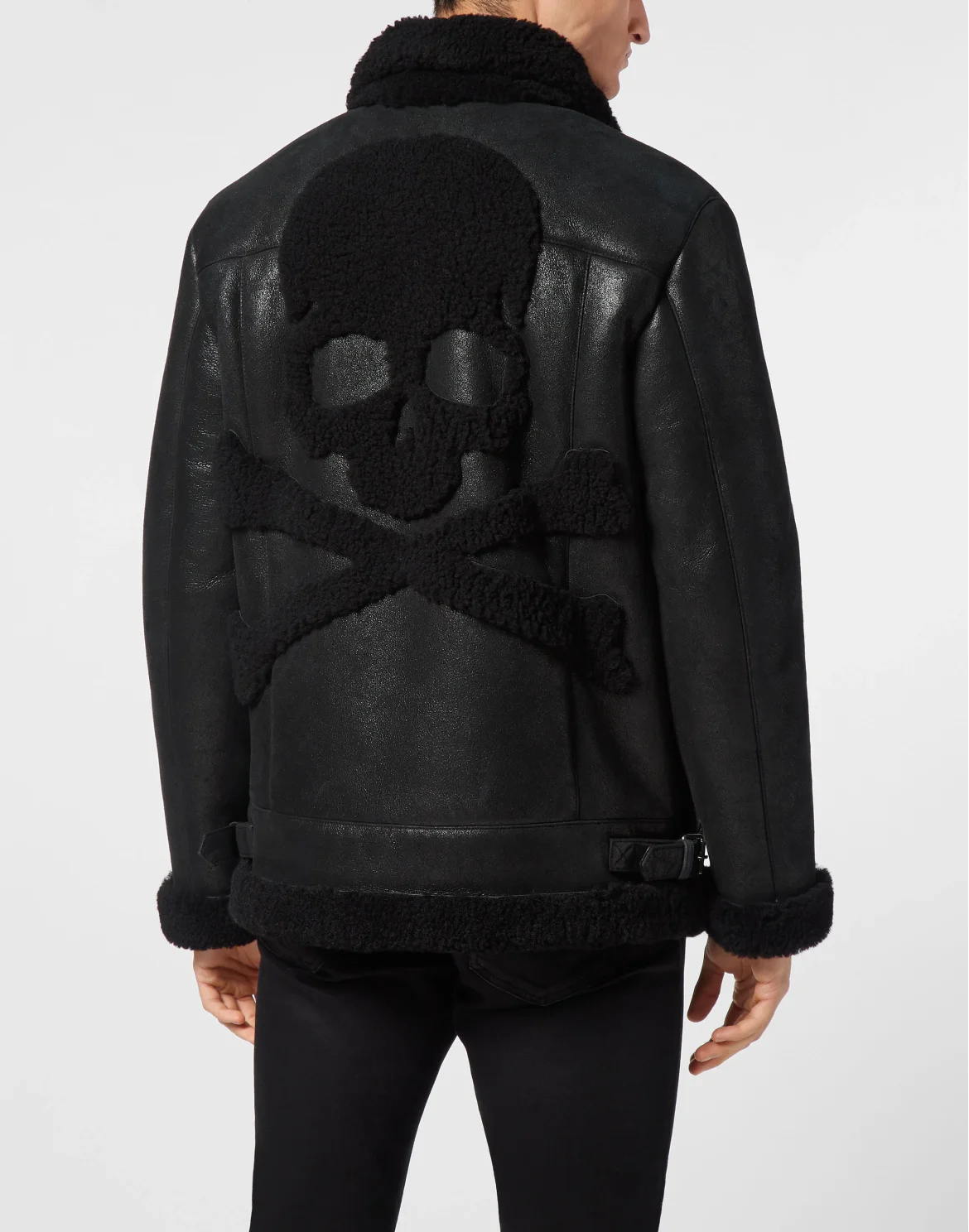 Shearling Leather Biker Jacket, цвет: Черный