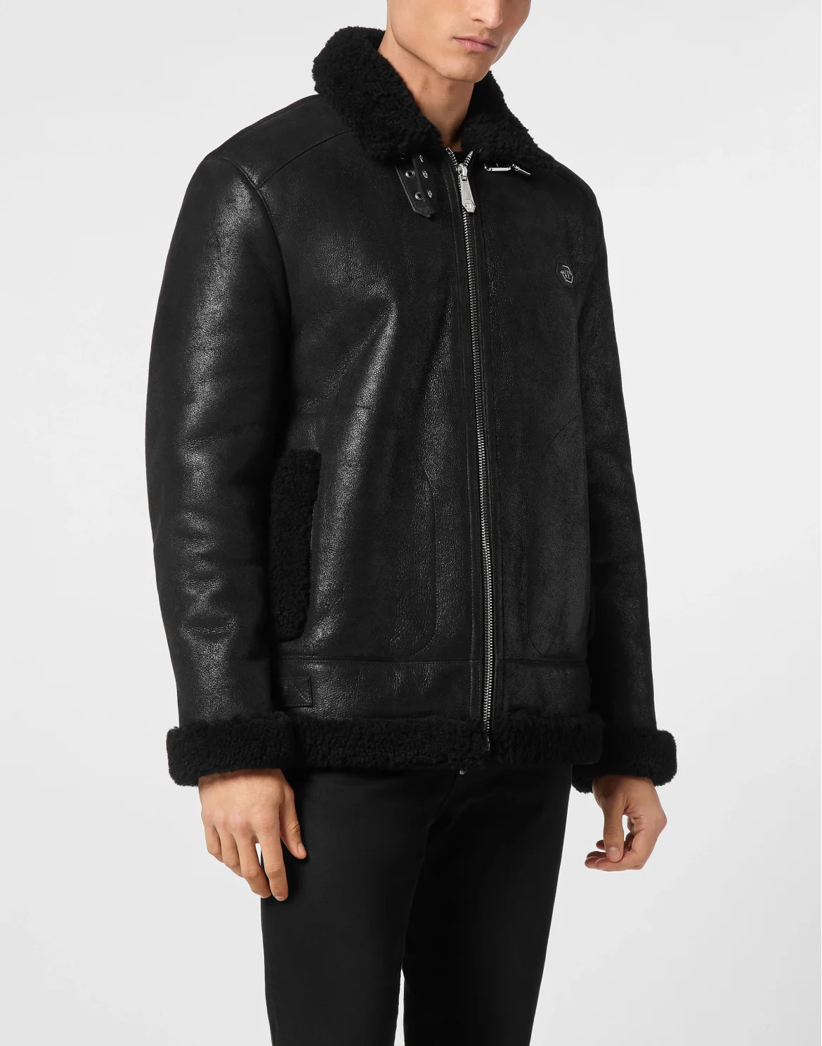 Shearling Leather Biker Jacket, цвет: Черный