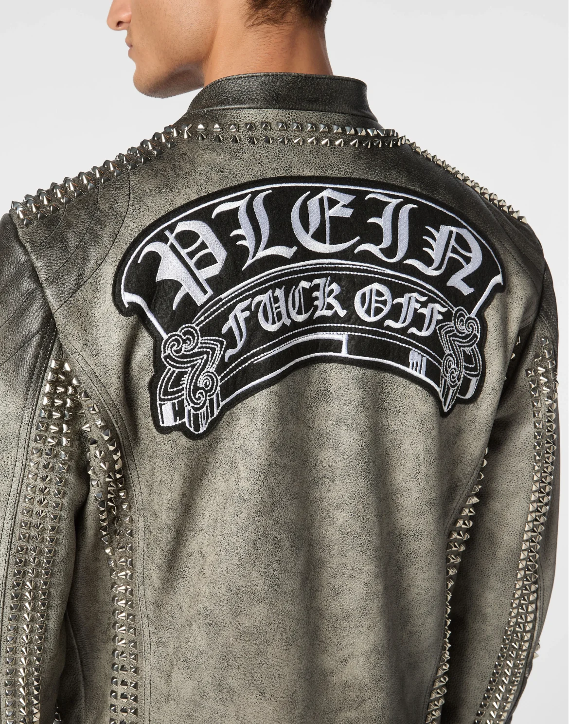Leather Biker Jacket With Patch Studs, цвет: Черный