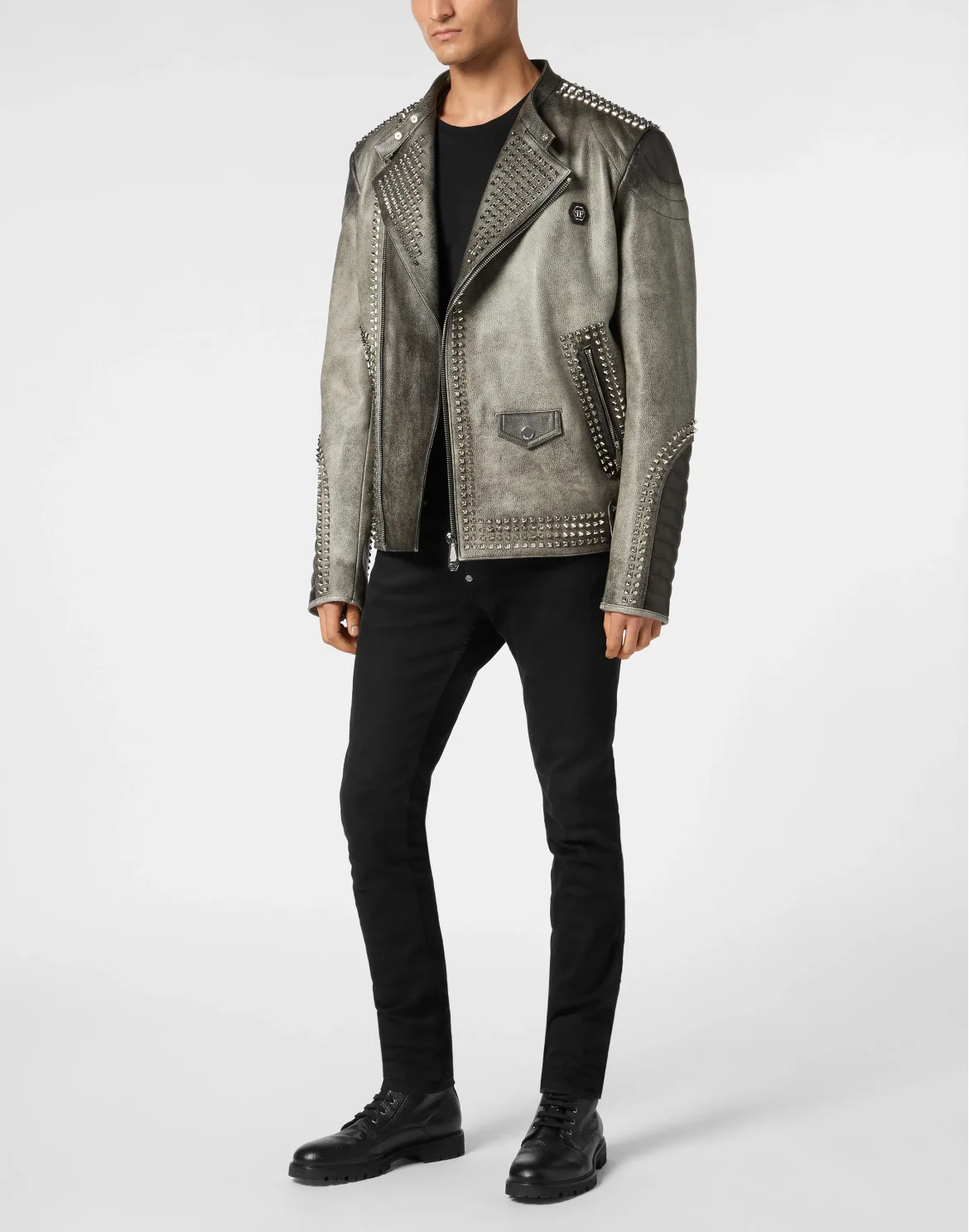 Leather Biker Jacket With Patch Studs, цвет: Черный